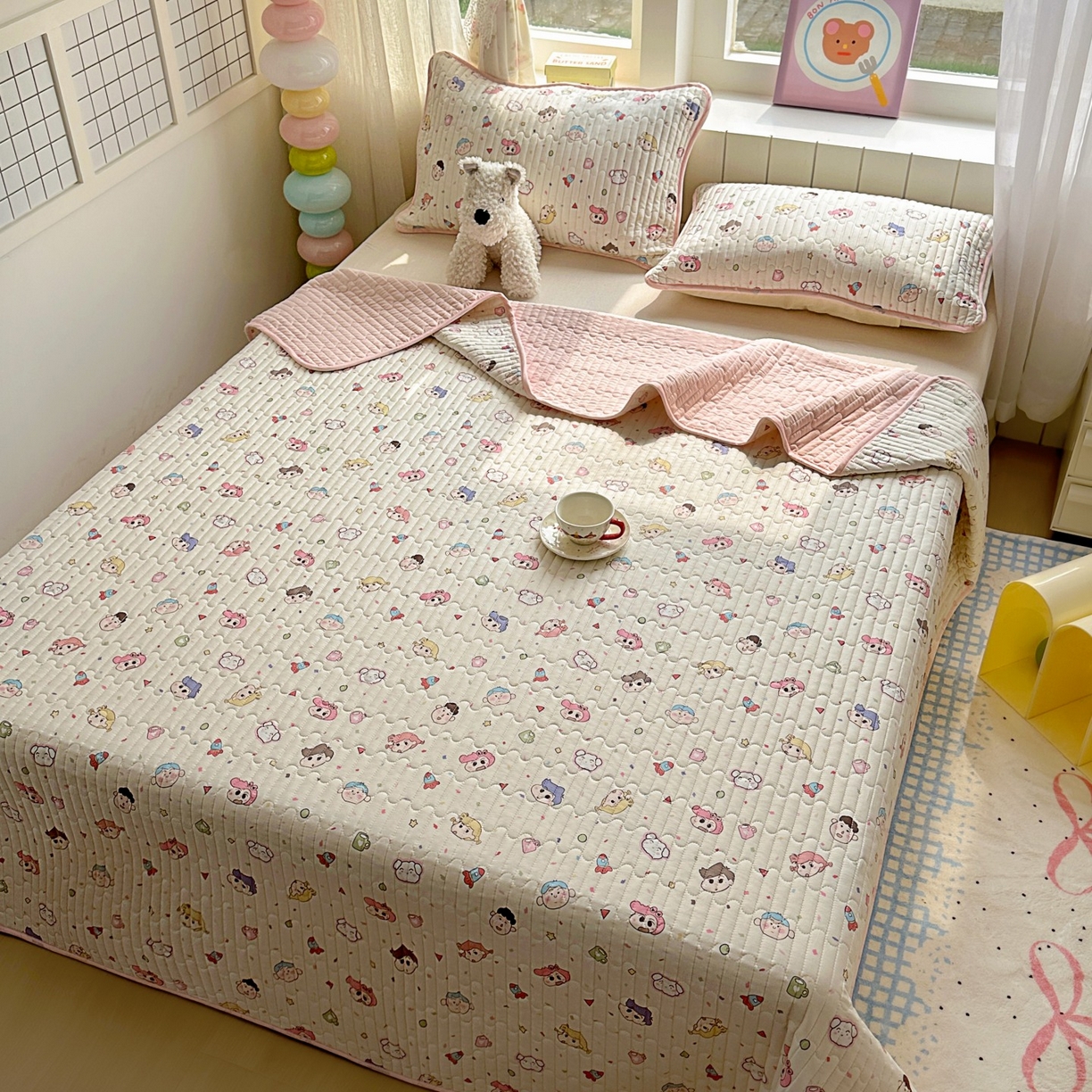 91家纺网 家纺一手货源 找家纺 暖萌 2025新款A类全棉棉花床盖印花系列三件套 糖果幼儿园