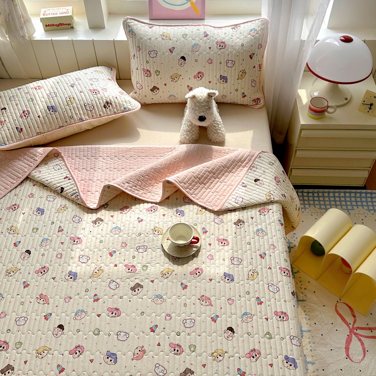 91家纺网 家纺一手货源 找家纺 暖萌 2025新款A类全棉棉花床盖印花系列三件套 糖果幼儿园