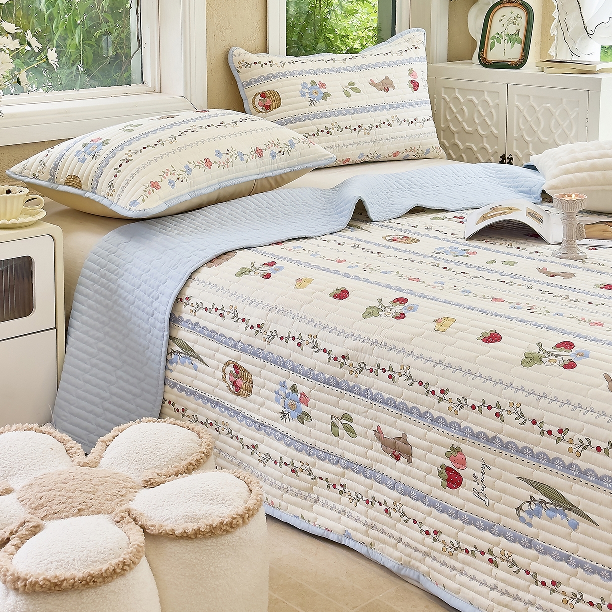 91家纺网 家纺一手货源 找家纺 暖萌 2025新款A类全棉棉花床盖印花系列三件套 浆果小兔