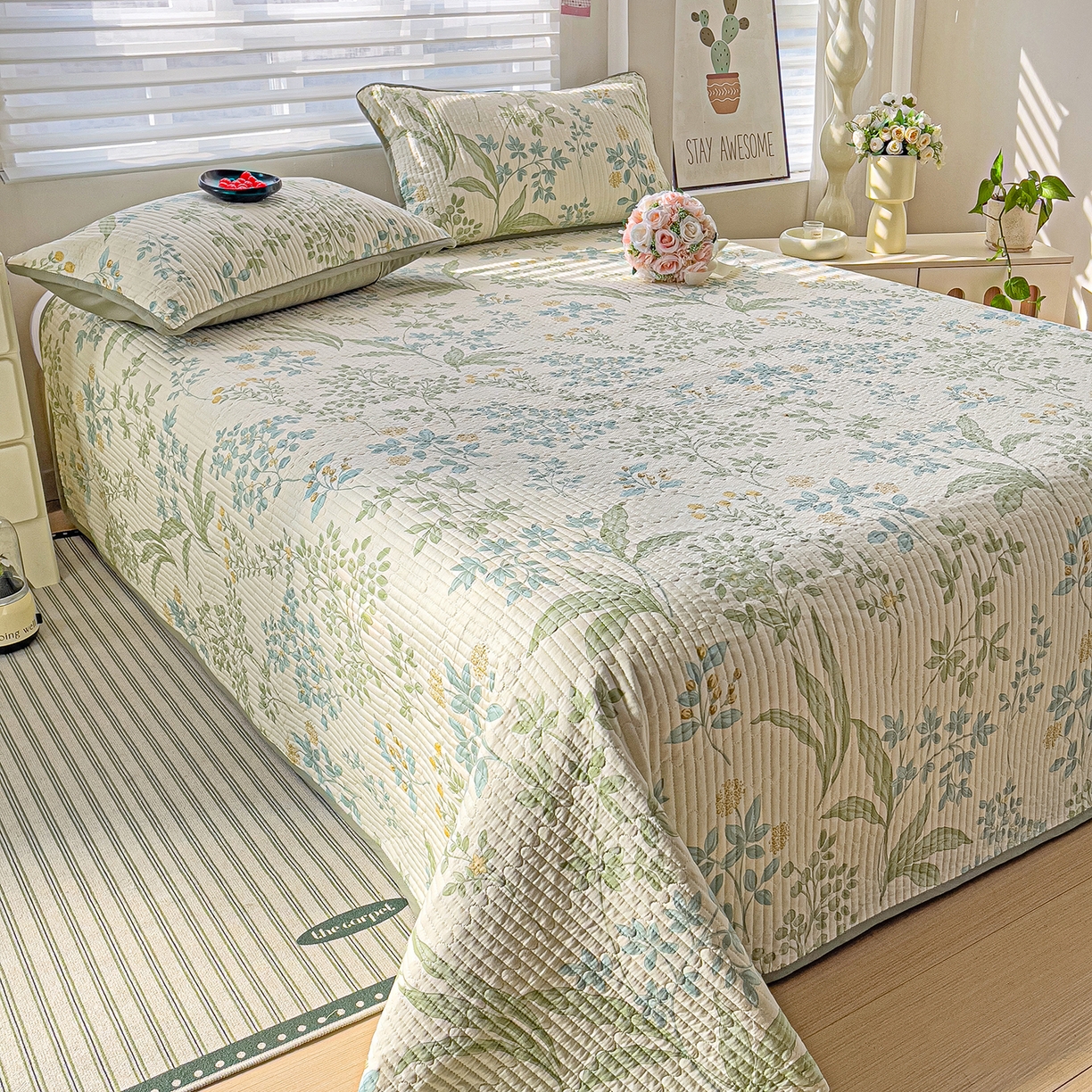 91家纺网 家纺一手货源 找家纺 暖萌 2025新款A类全棉棉花床盖印花系列三件套 仙草