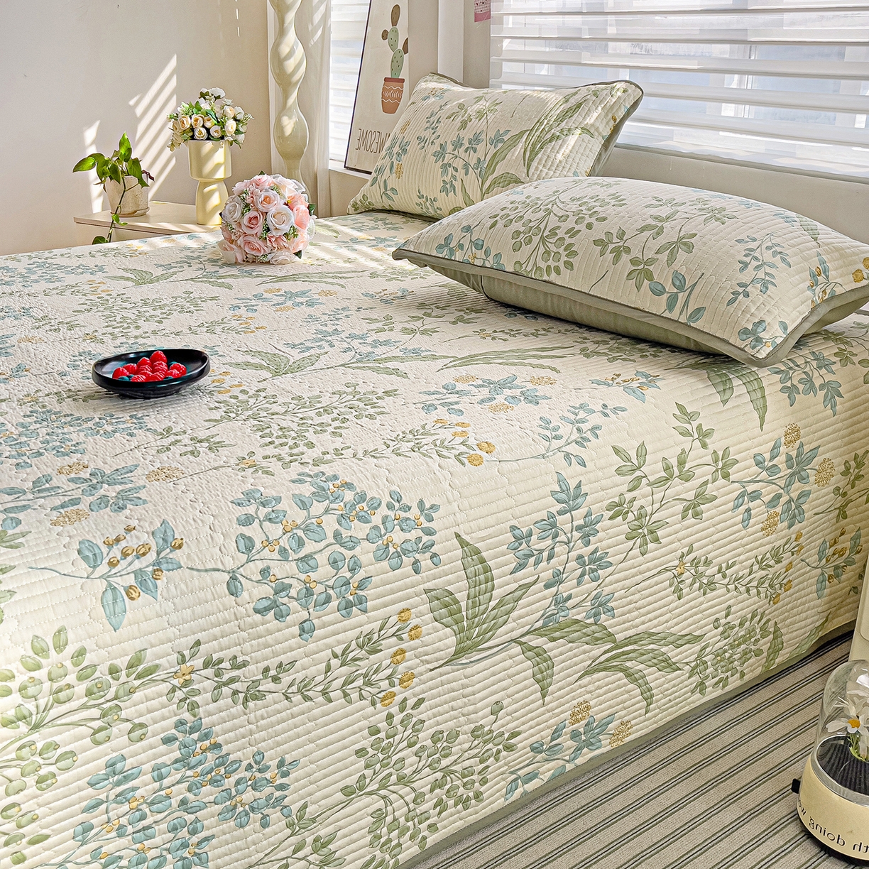 91家纺网 家纺一手货源 找家纺 暖萌 2025新款A类全棉棉花床盖印花系列三件套 仙草