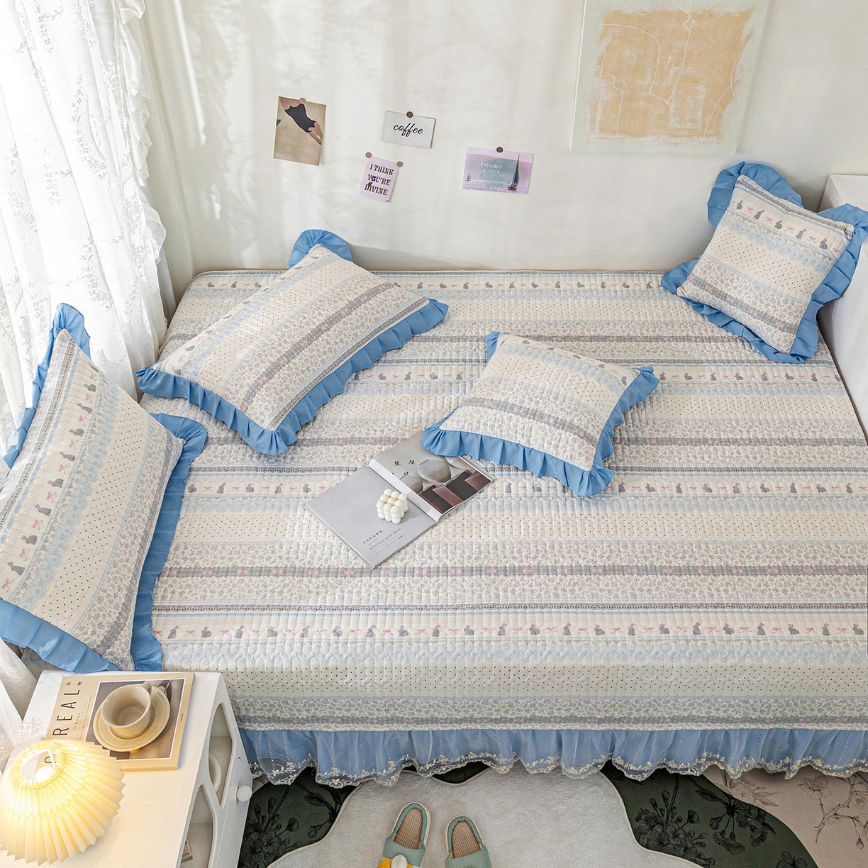 91家纺网 家纺一手货源 找家纺 美优兰 2025新款全棉防滑榻榻米炕垫纯棉床盖三件套 蓝汐