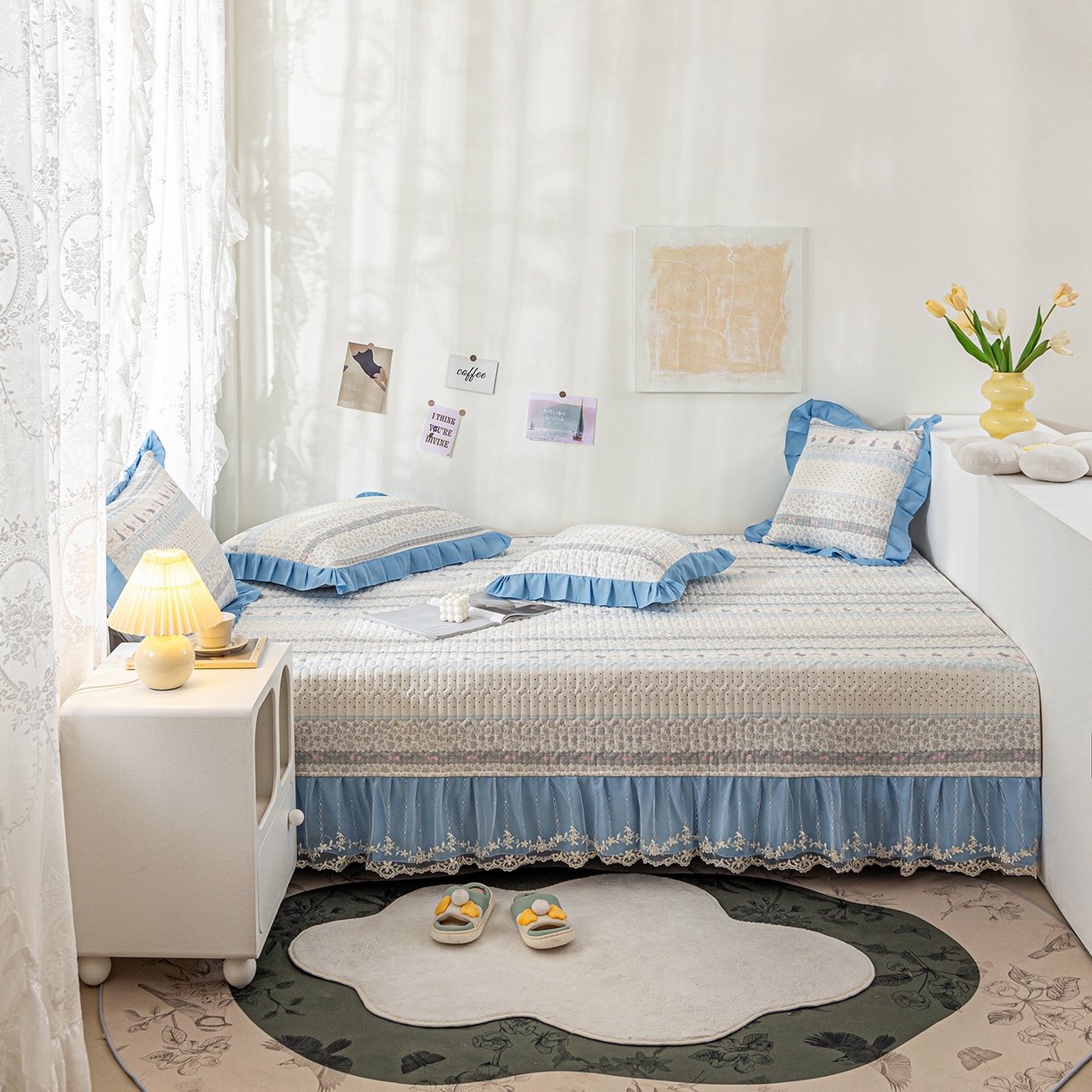 91家纺网 家纺一手货源 找家纺 美优兰 2025新款全棉防滑榻榻米炕垫纯棉床盖三件套 蓝汐