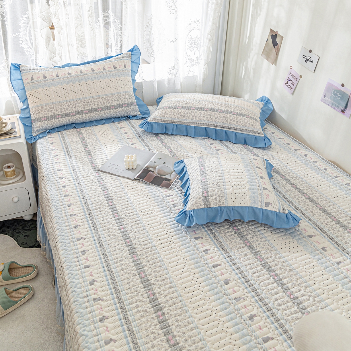 91家纺网 家纺一手货源 找家纺 美优兰 2025新款全棉防滑榻榻米炕垫纯棉床盖三件套 蓝汐