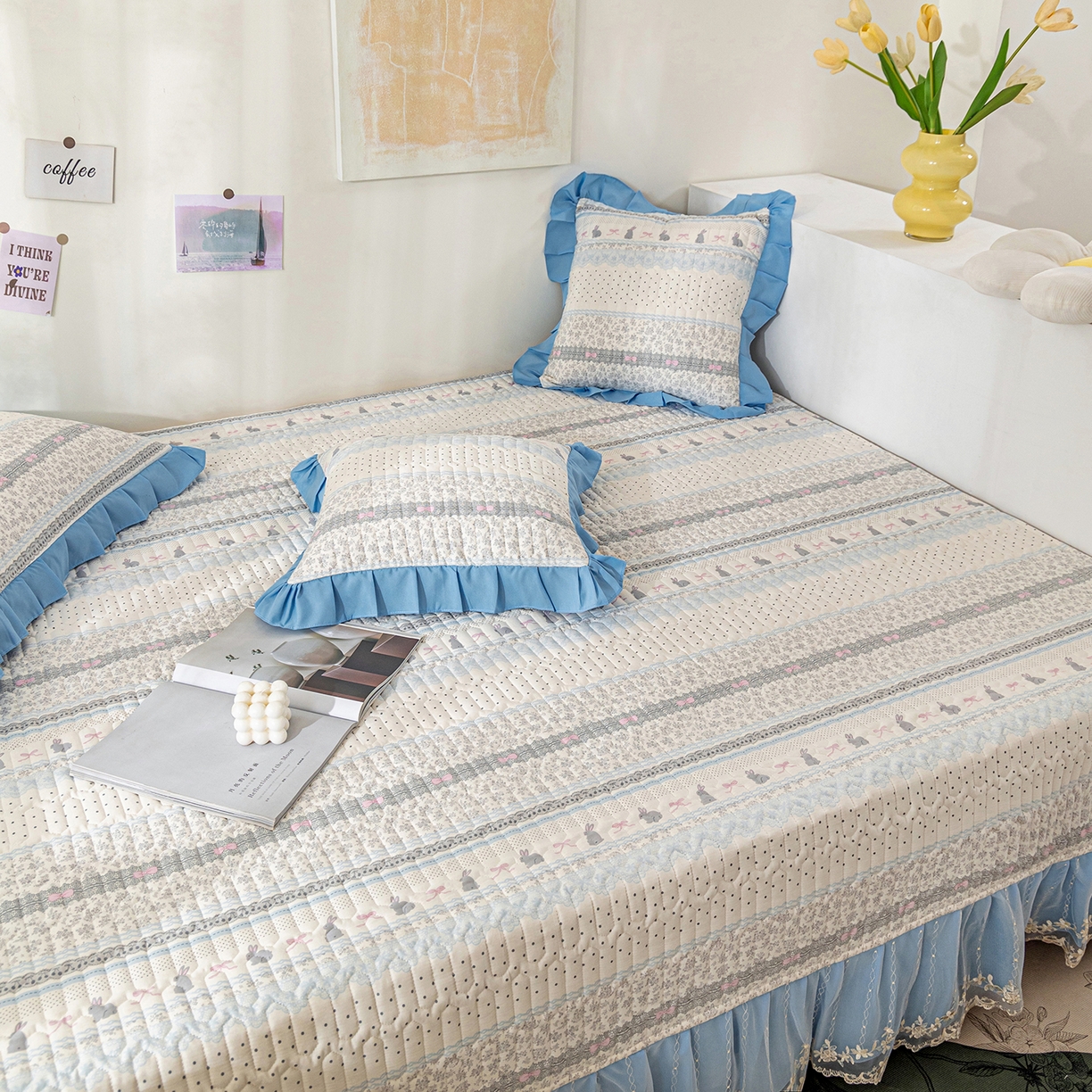 91家纺网 家纺一手货源 找家纺 美优兰 2025新款全棉防滑榻榻米炕垫纯棉床盖三件套 蓝汐