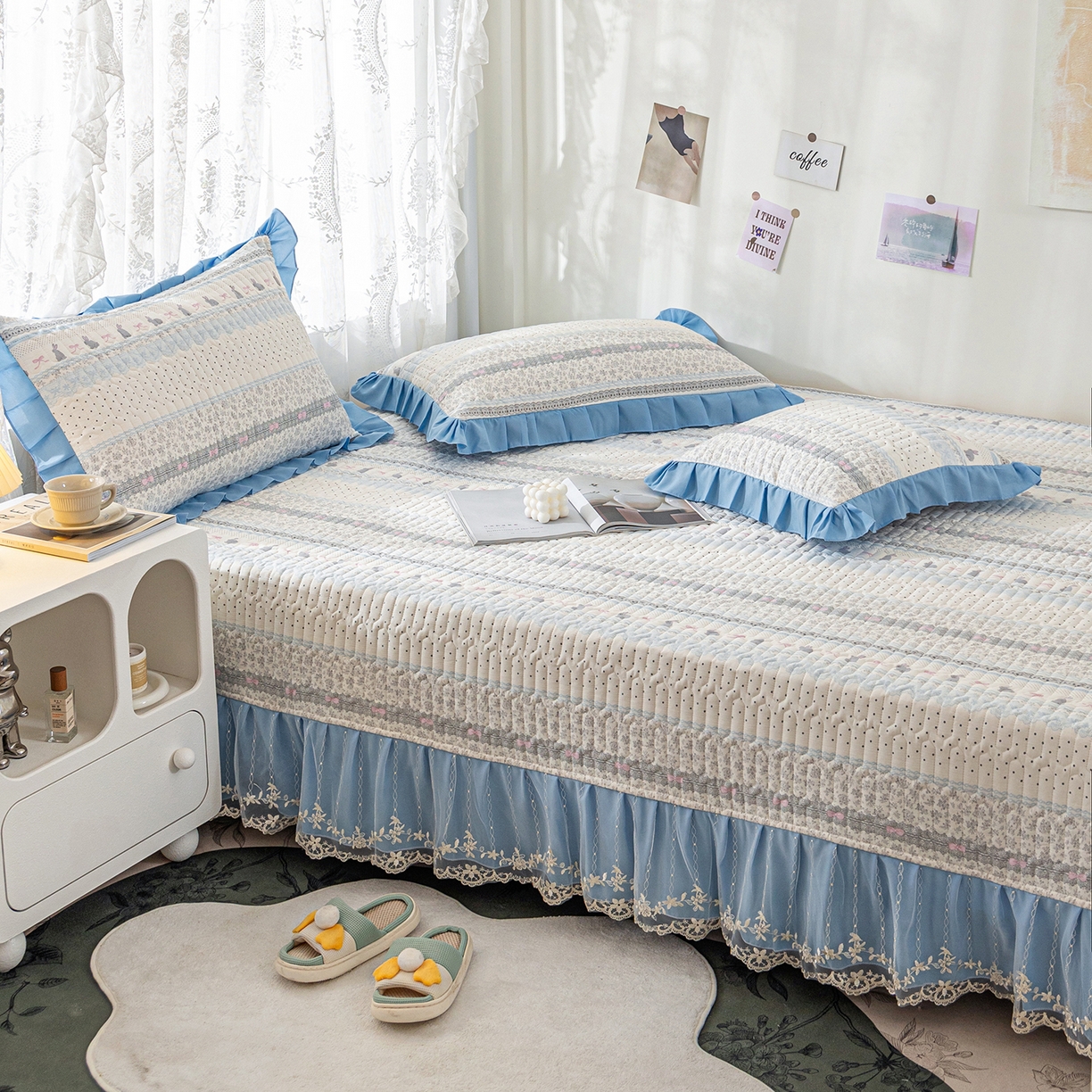 91家纺网 家纺一手货源 找家纺 美优兰 2025新款全棉防滑榻榻米炕垫纯棉床盖三件套 蓝汐