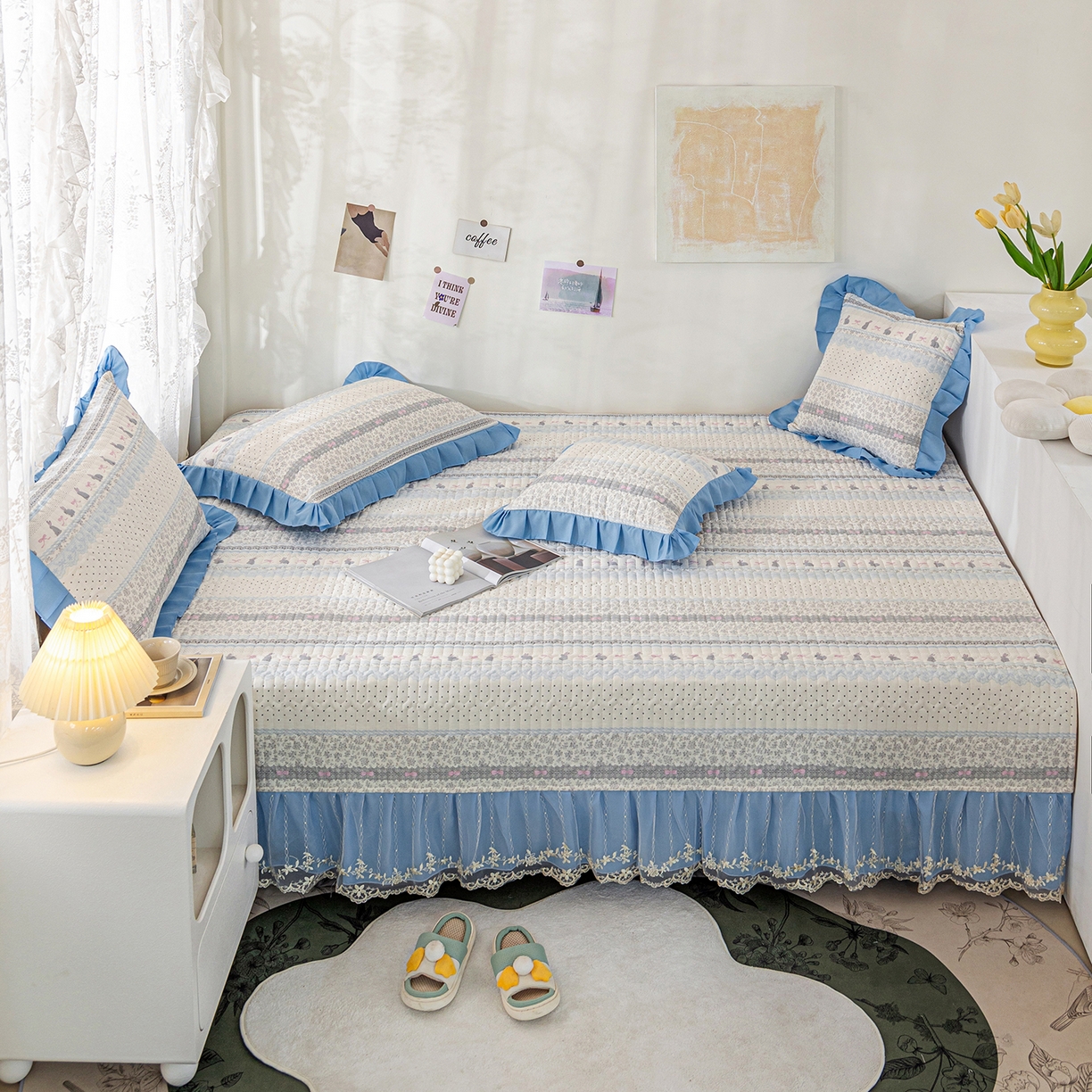 91家纺网 家纺一手货源 找家纺 美优兰 2025新款全棉防滑榻榻米炕垫纯棉床盖三件套 蓝汐