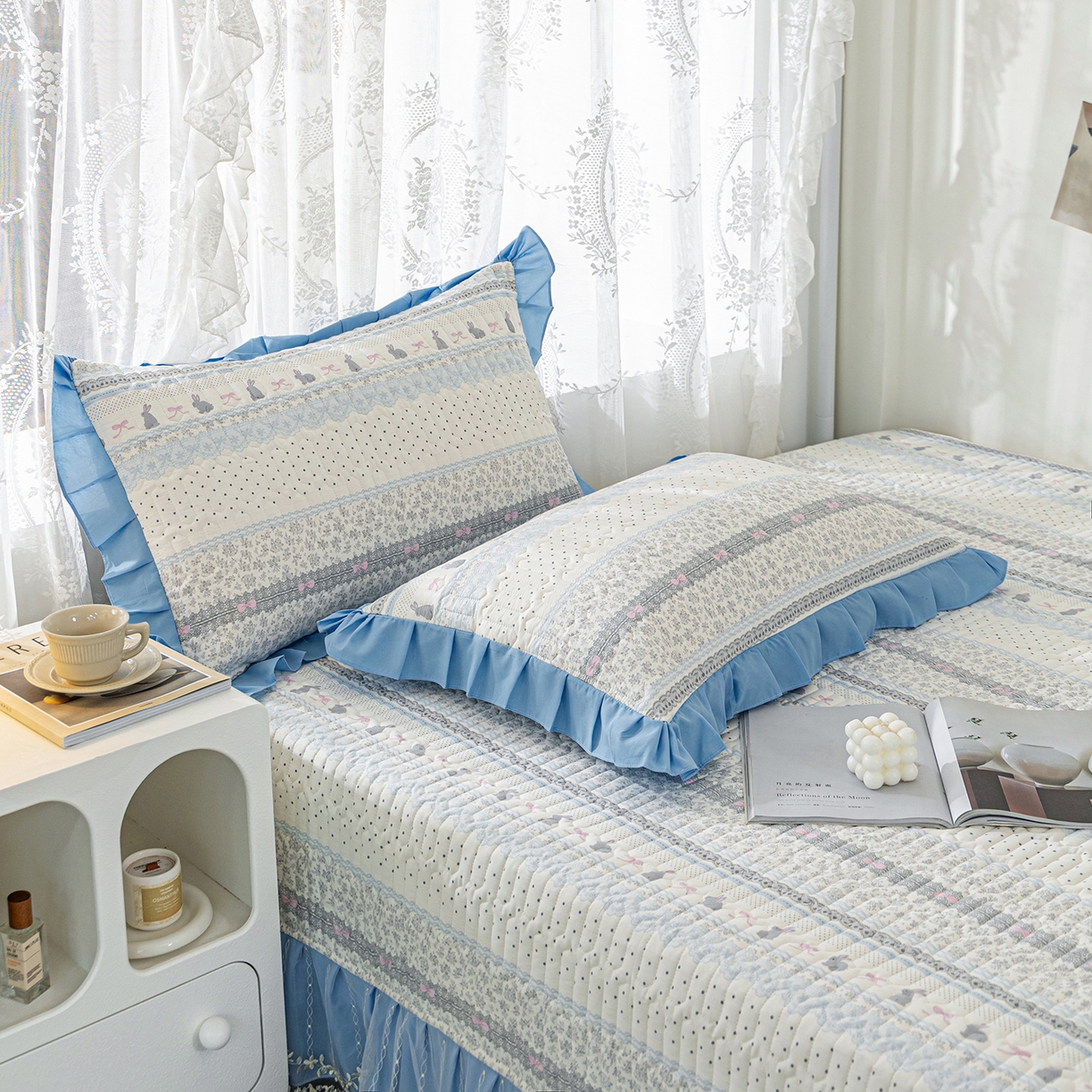 91家纺网 家纺一手货源 找家纺 美优兰 2025新款全棉防滑榻榻米炕垫纯棉床盖三件套 蓝汐