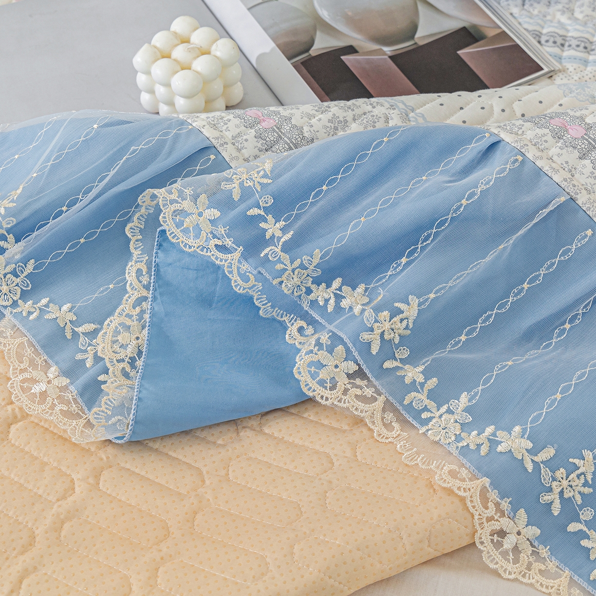 91家纺网 家纺一手货源 找家纺 美优兰 2025新款全棉防滑榻榻米炕垫纯棉床盖三件套 蓝汐