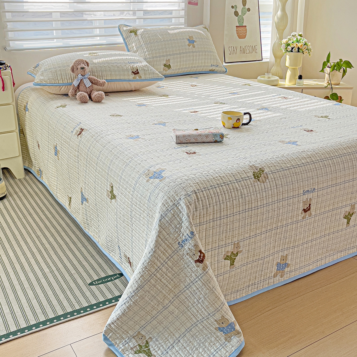 91家纺网 家纺一手货源 找家纺 暖萌 2025新款A类全棉棉花床盖印花系列三件套 比利熊