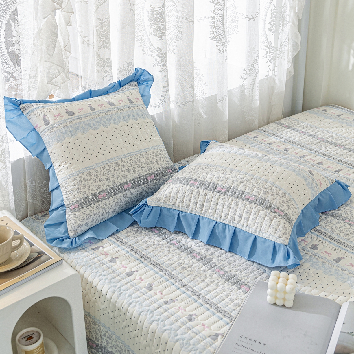 91家纺网 家纺一手货源 找家纺 美优兰 2025新款全棉防滑榻榻米炕垫纯棉床盖三件套 蓝汐