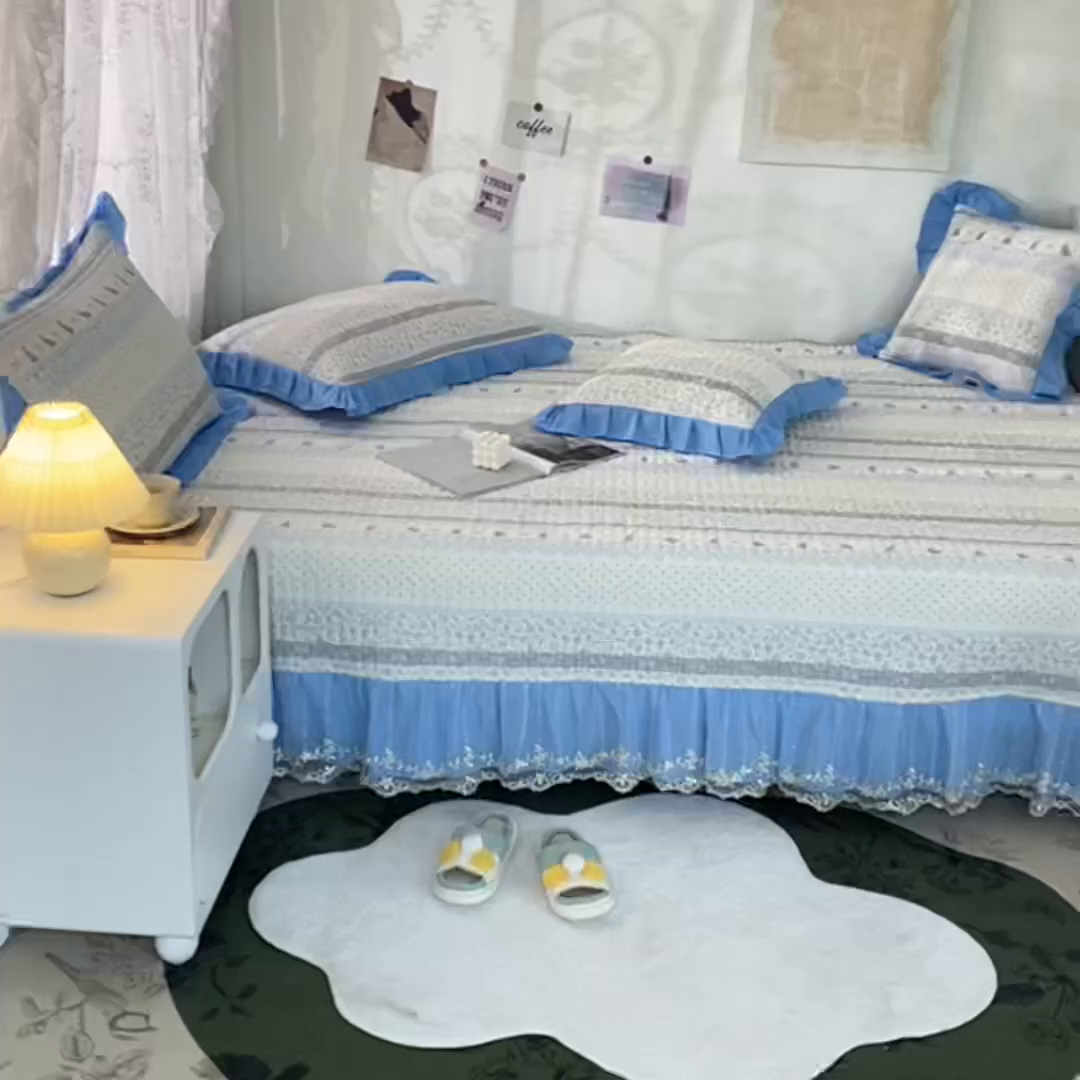 91家纺网 家纺一手货源 找家纺 美优兰 2025新款全棉防滑榻榻米炕垫纯棉床盖三件套 蓝汐