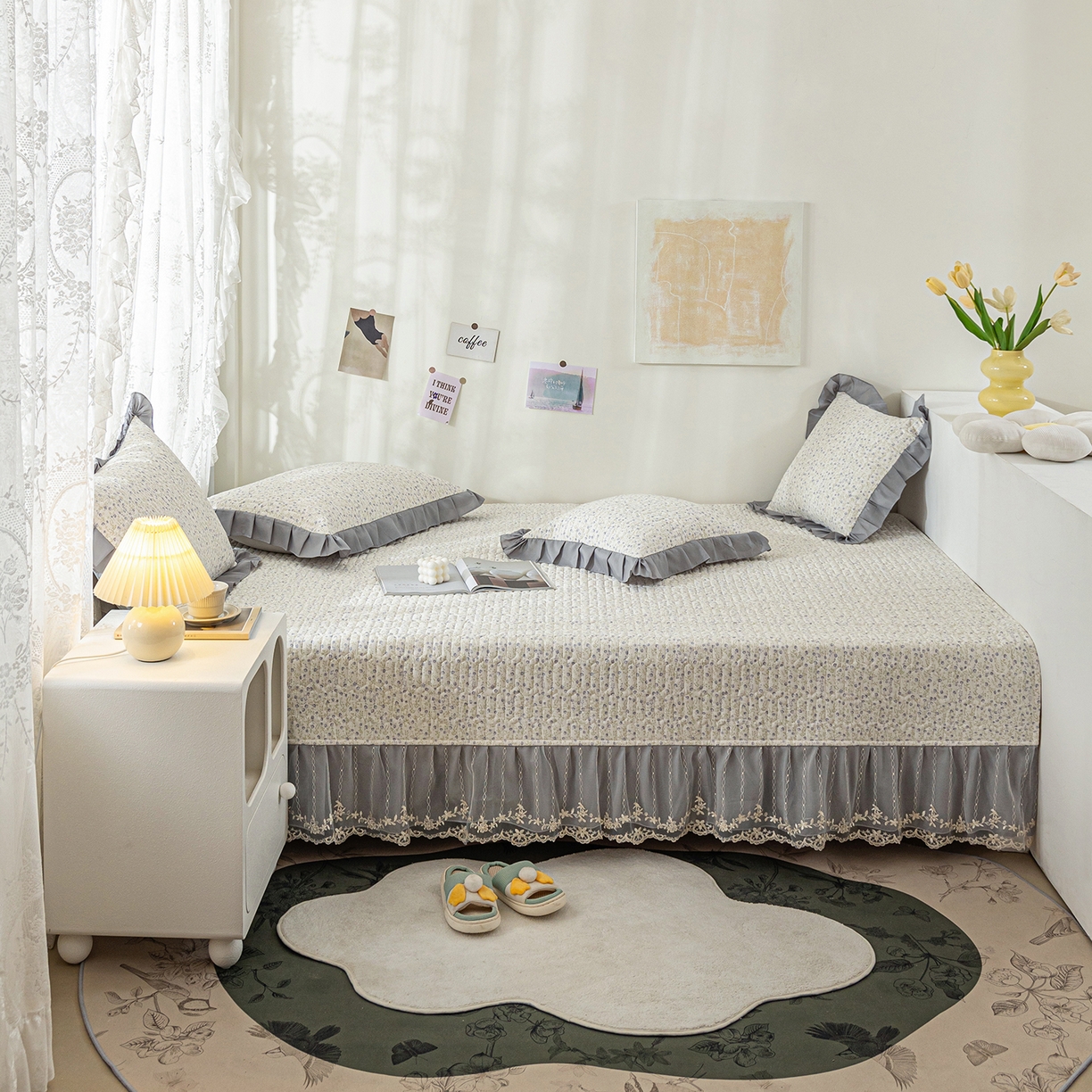 91家纺网 家纺一手货源 找家纺 美优兰 2025新款全棉防滑榻榻米炕垫纯棉床盖三件套 满天星