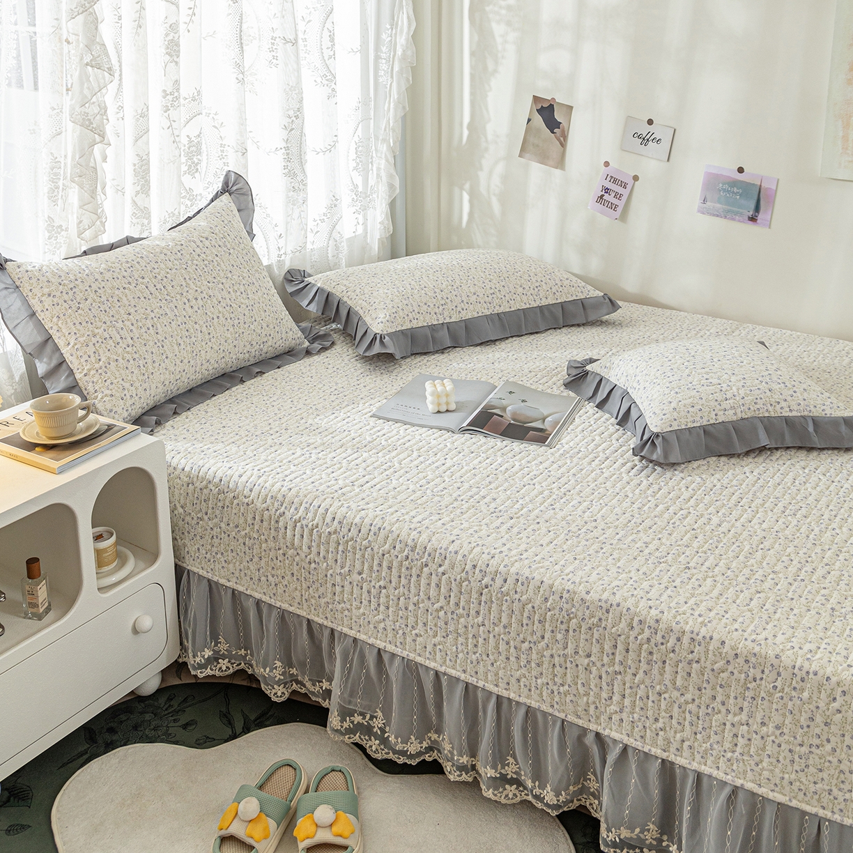 91家纺网 家纺一手货源 找家纺 美优兰 2025新款全棉防滑榻榻米炕垫纯棉床盖三件套 满天星