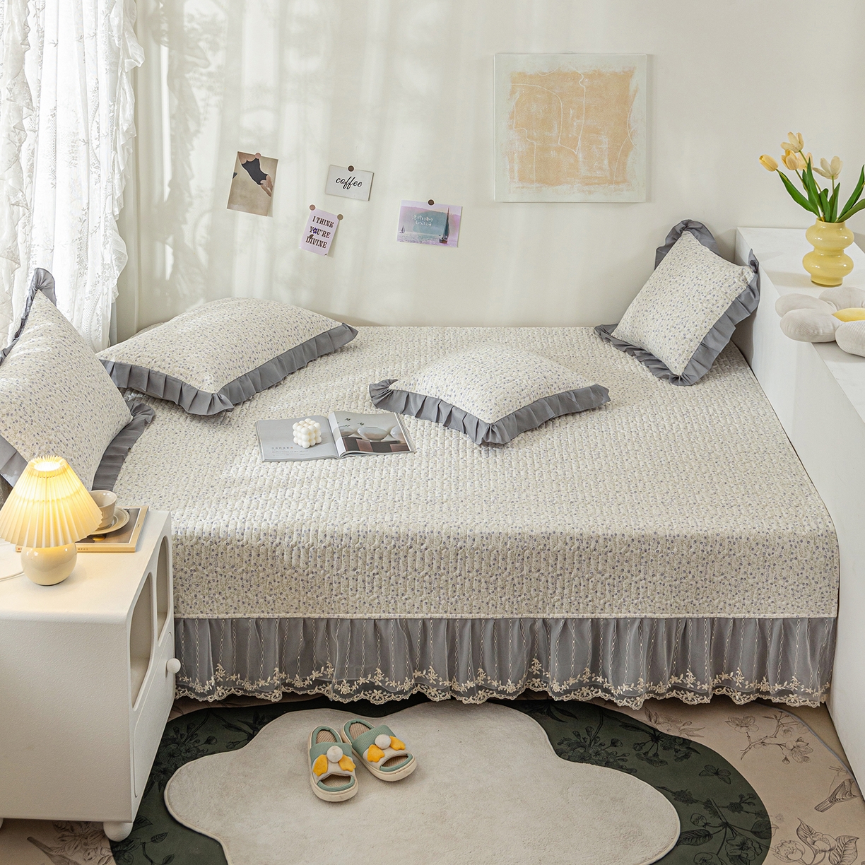 91家纺网 家纺一手货源 找家纺 美优兰 2025新款全棉防滑榻榻米炕垫纯棉床盖三件套 满天星