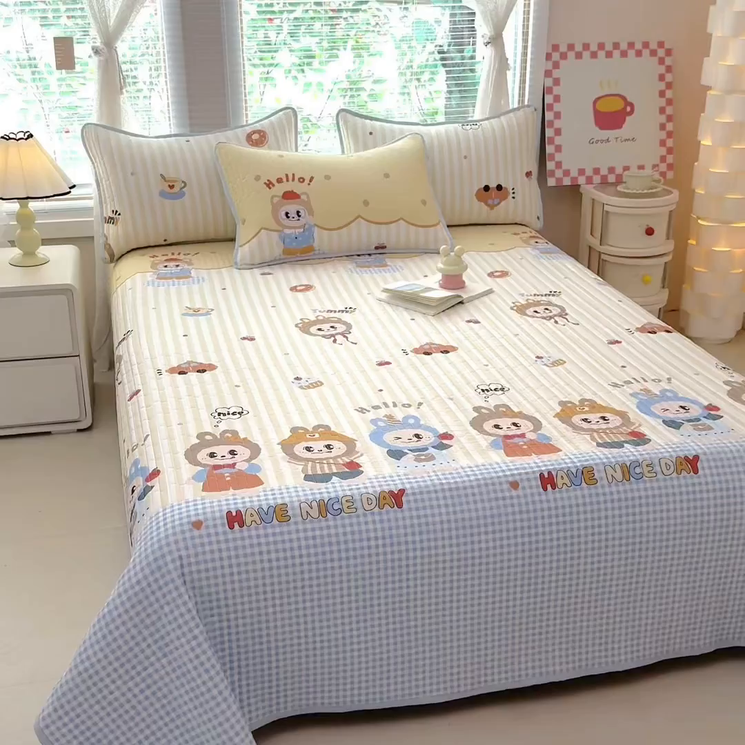 91家纺网 家纺一手货源 找家纺 暖萌 2025新款A类全棉棉花床盖印花系列三件套 拉布兔兔