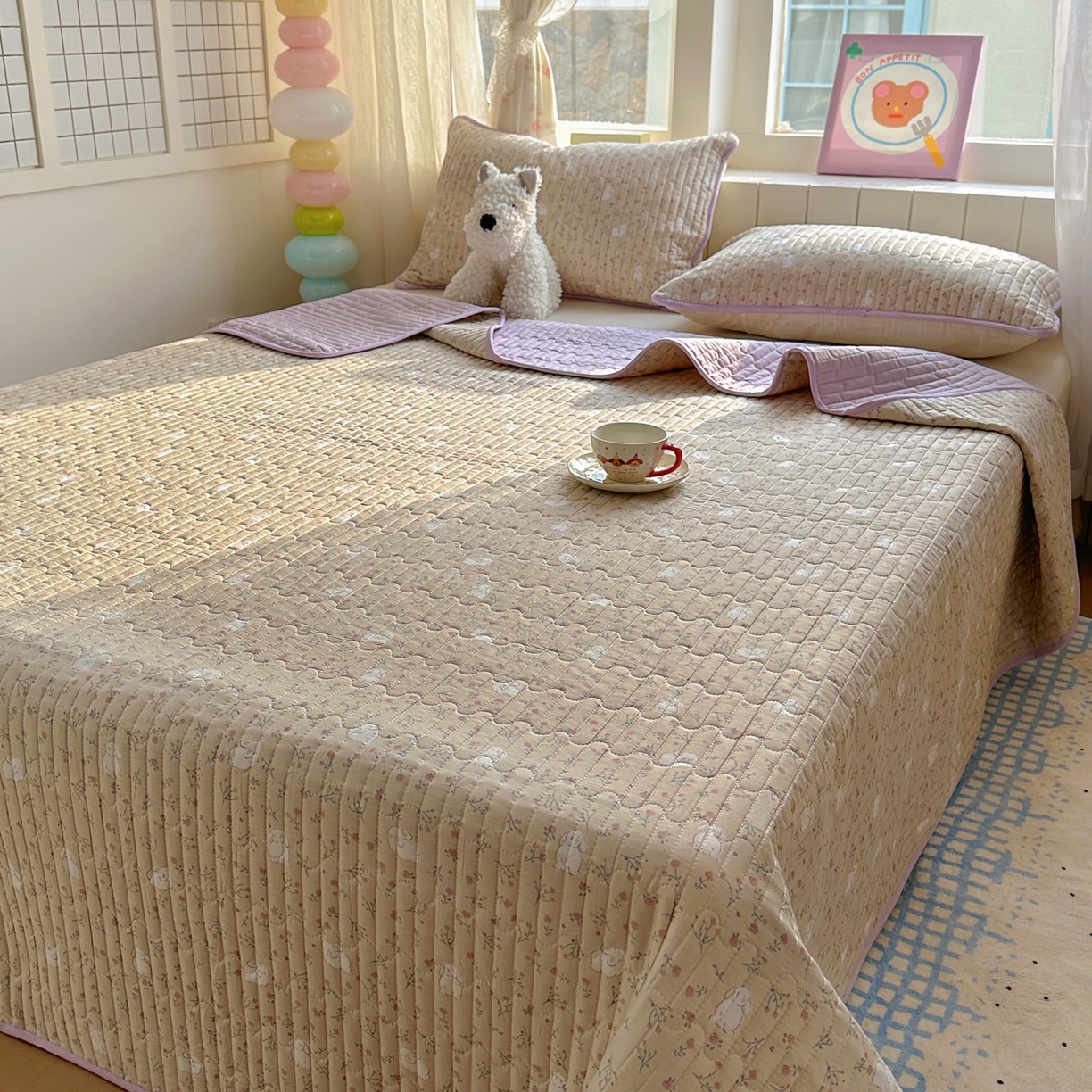 91家纺网 家纺一手货源 找家纺 暖萌 2025新款A类全棉棉花床盖印花系列三件套 采薇兔