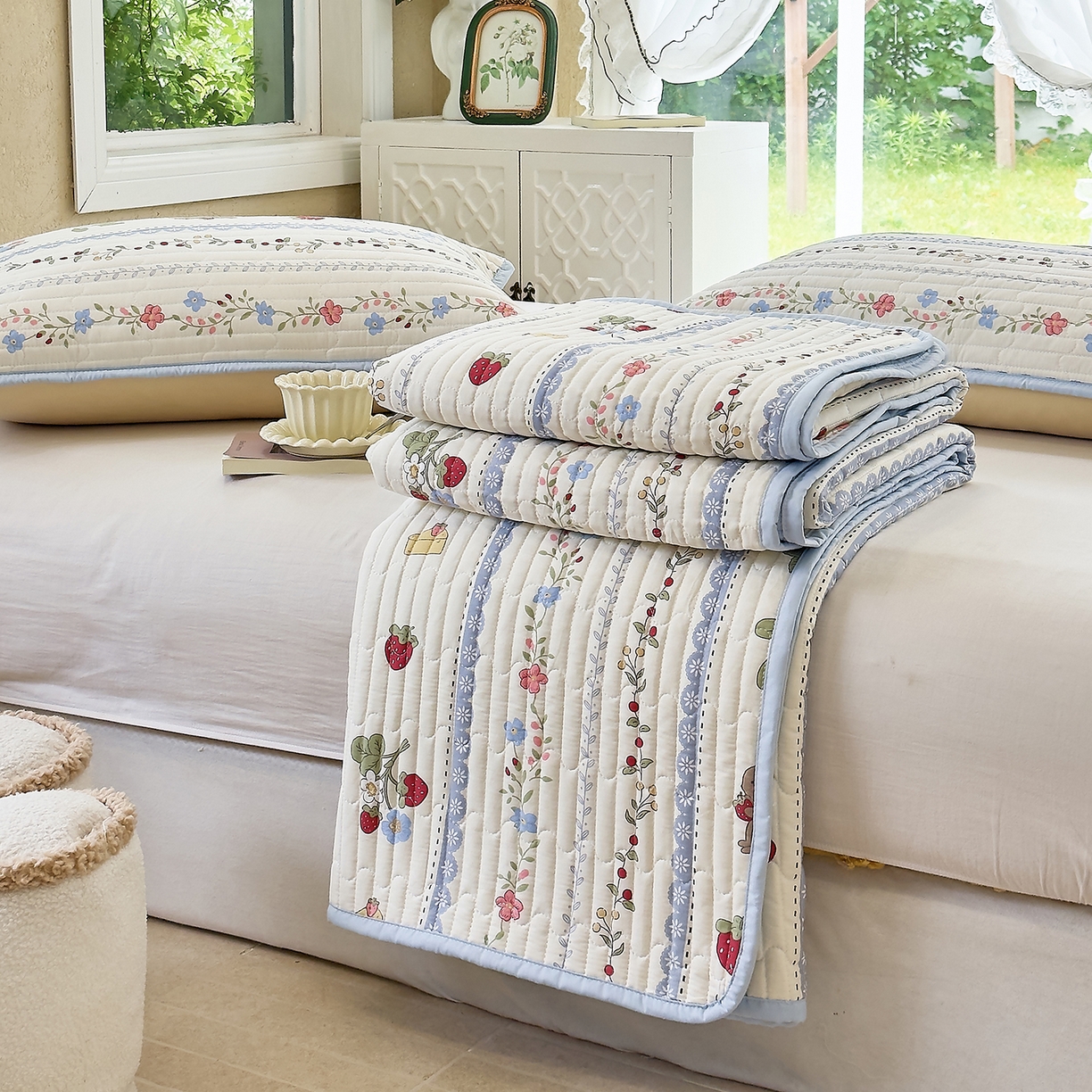 91家纺网 家纺一手货源 找家纺 暖萌 2025新款A类全棉棉花床盖印花系列三件套 浆果小兔