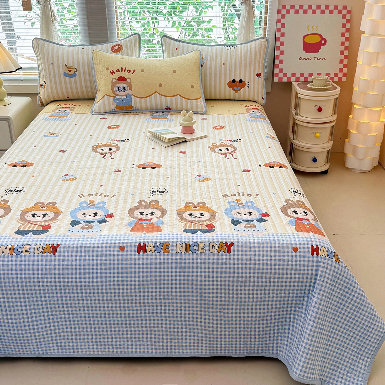 91家纺网 家纺一手货源 找家纺 暖萌 2025新款A类全棉棉花床盖印花系列三件套 拉布兔兔