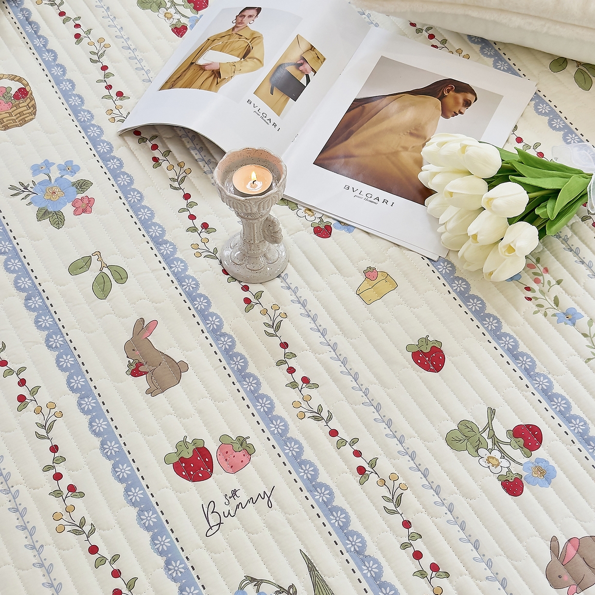 91家纺网 家纺一手货源 找家纺 暖萌 2025新款A类全棉棉花床盖印花系列三件套 浆果小兔