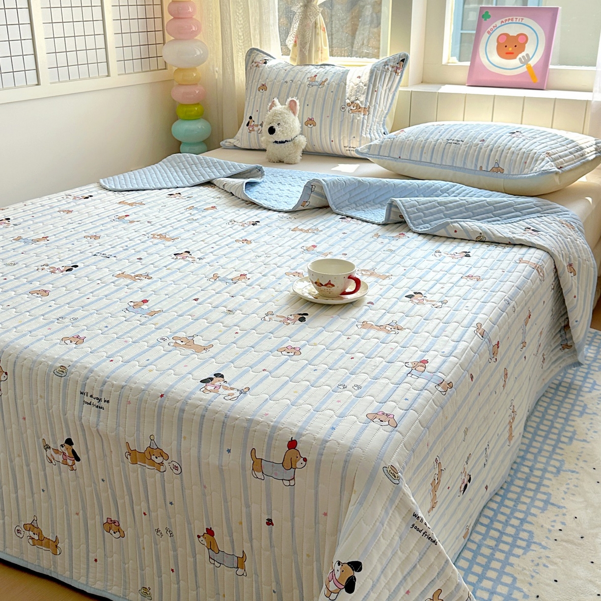 91家纺网 家纺一手货源 找家纺 暖萌 2025新款A类全棉棉花床盖印花系列三件套 糖纸童年