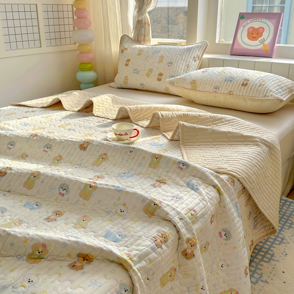 91家纺网 家纺一手货源 找家纺 暖萌 2025新款A类全棉棉花床盖印花系列三件套 童趣绘彩