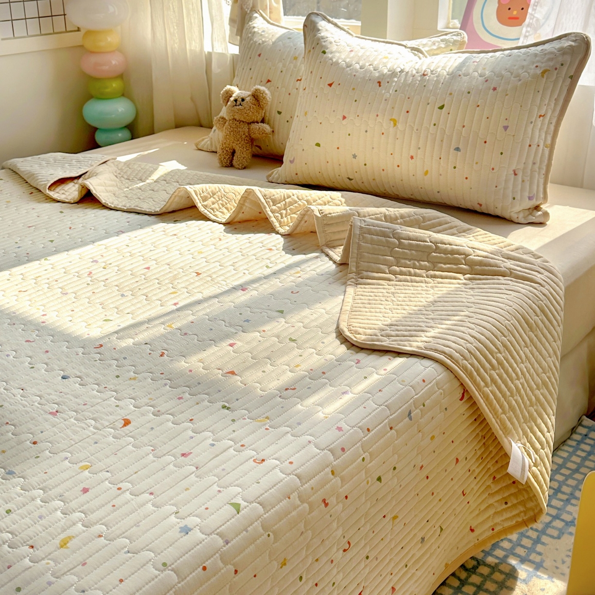 91家纺网 家纺一手货源 找家纺 暖萌 2025新款A类全棉棉花床盖印花系列三件套 快乐魔法