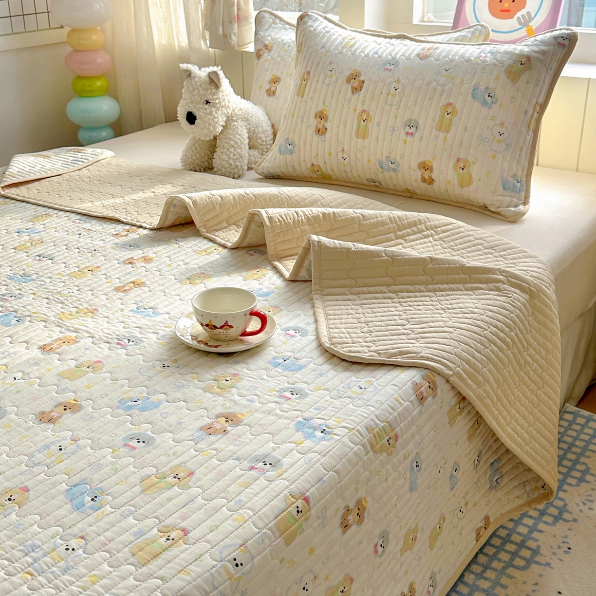 91家纺网 家纺一手货源 找家纺 暖萌 2025新款A类全棉棉花床盖印花系列三件套 童趣绘彩