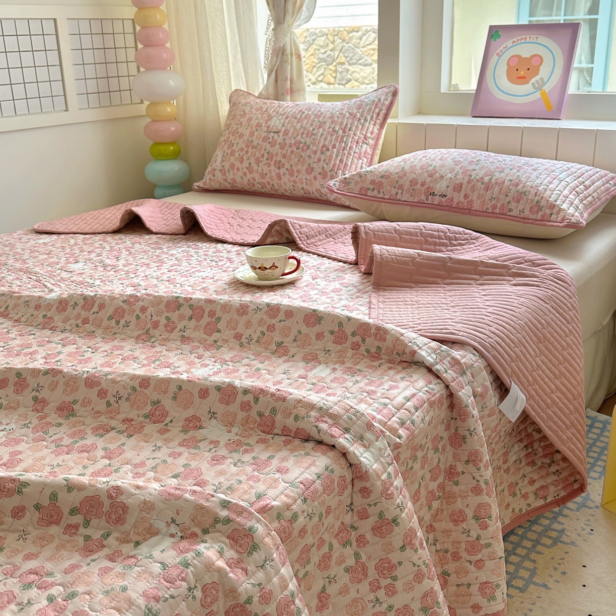 91家纺网 家纺一手货源 找家纺 暖萌 2025新款A类全棉棉花床盖印花系列三件套 遇见浪漫