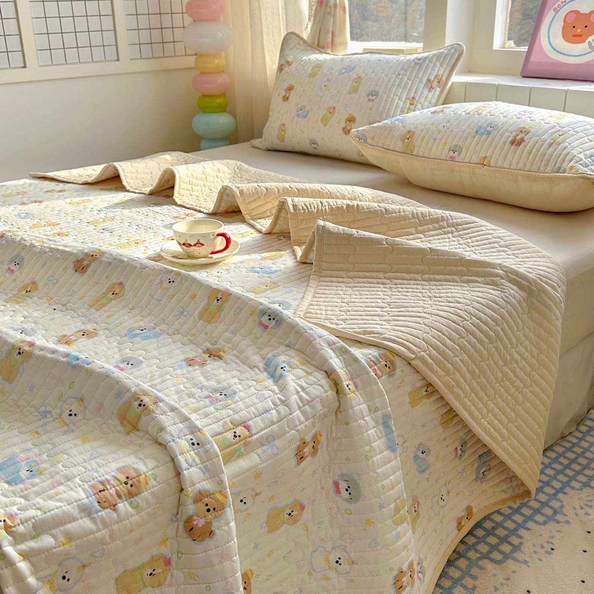 91家纺网 家纺一手货源 找家纺 暖萌 2025新款A类全棉棉花床盖印花系列三件套 童趣绘彩