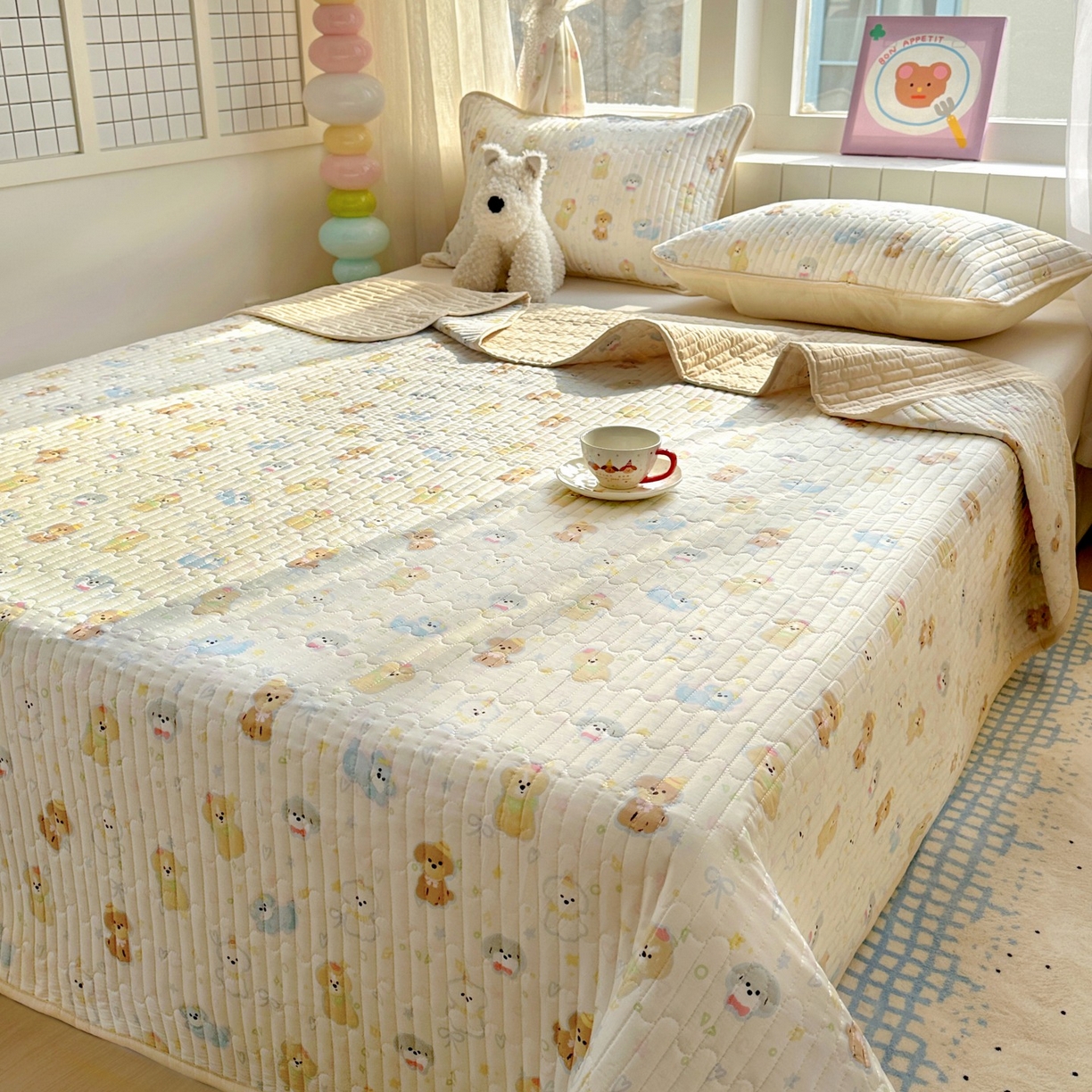 91家纺网 家纺一手货源 找家纺 暖萌 2025新款A类全棉棉花床盖印花系列三件套 童趣绘彩