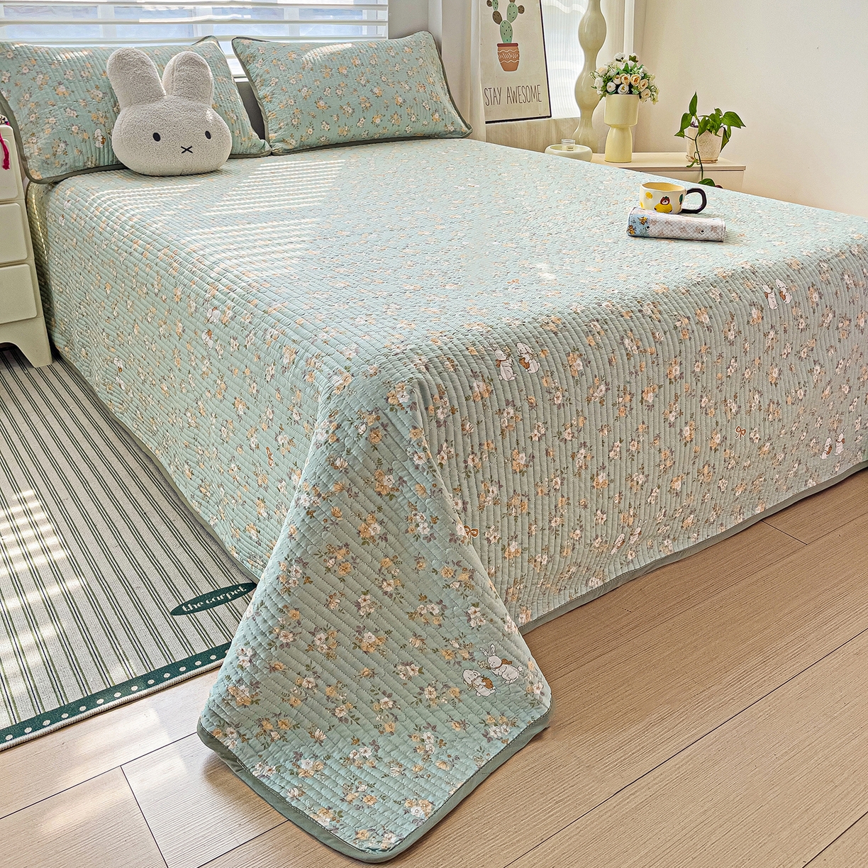 91家纺网 家纺一手货源 找家纺 暖萌 2025新款A类全棉棉花床盖印花系列三件套 花蜜-绿