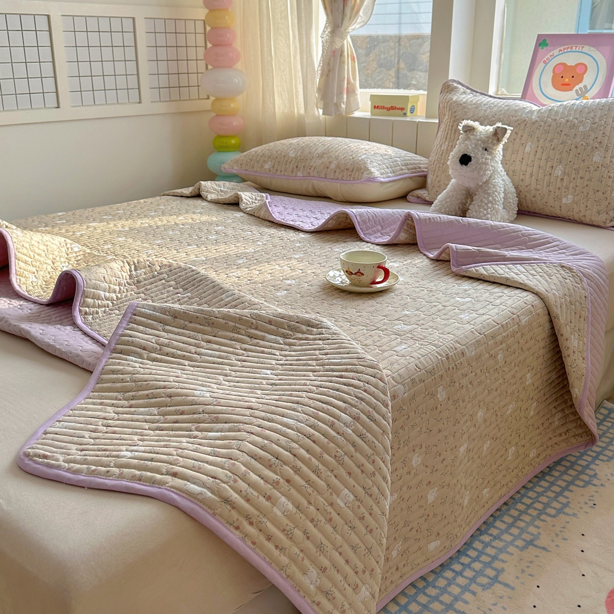 91家纺网 家纺一手货源 找家纺 暖萌 2025新款A类全棉棉花床盖印花系列三件套 采薇兔