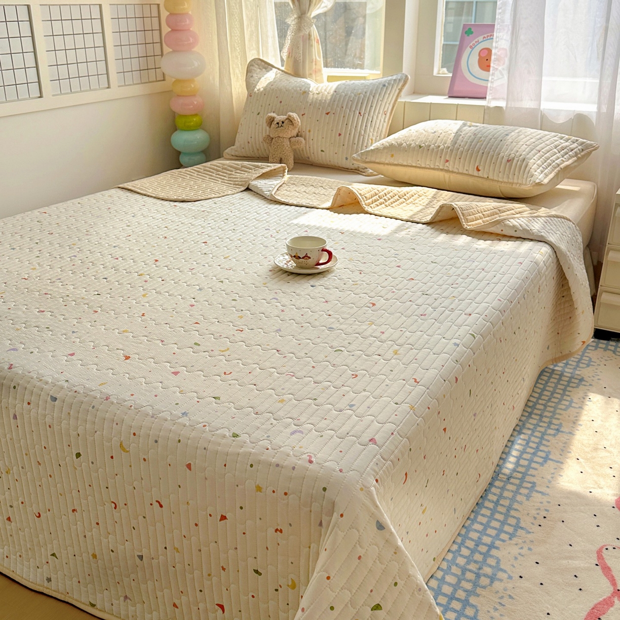 91家纺网 家纺一手货源 找家纺 暖萌 2025新款A类全棉棉花床盖印花系列三件套 快乐魔法