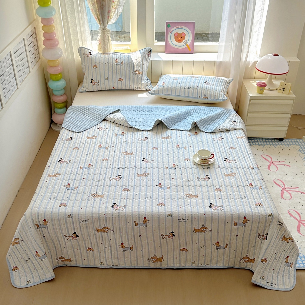 91家纺网 家纺一手货源 找家纺 暖萌 2025新款A类全棉棉花床盖印花系列三件套 糖纸童年