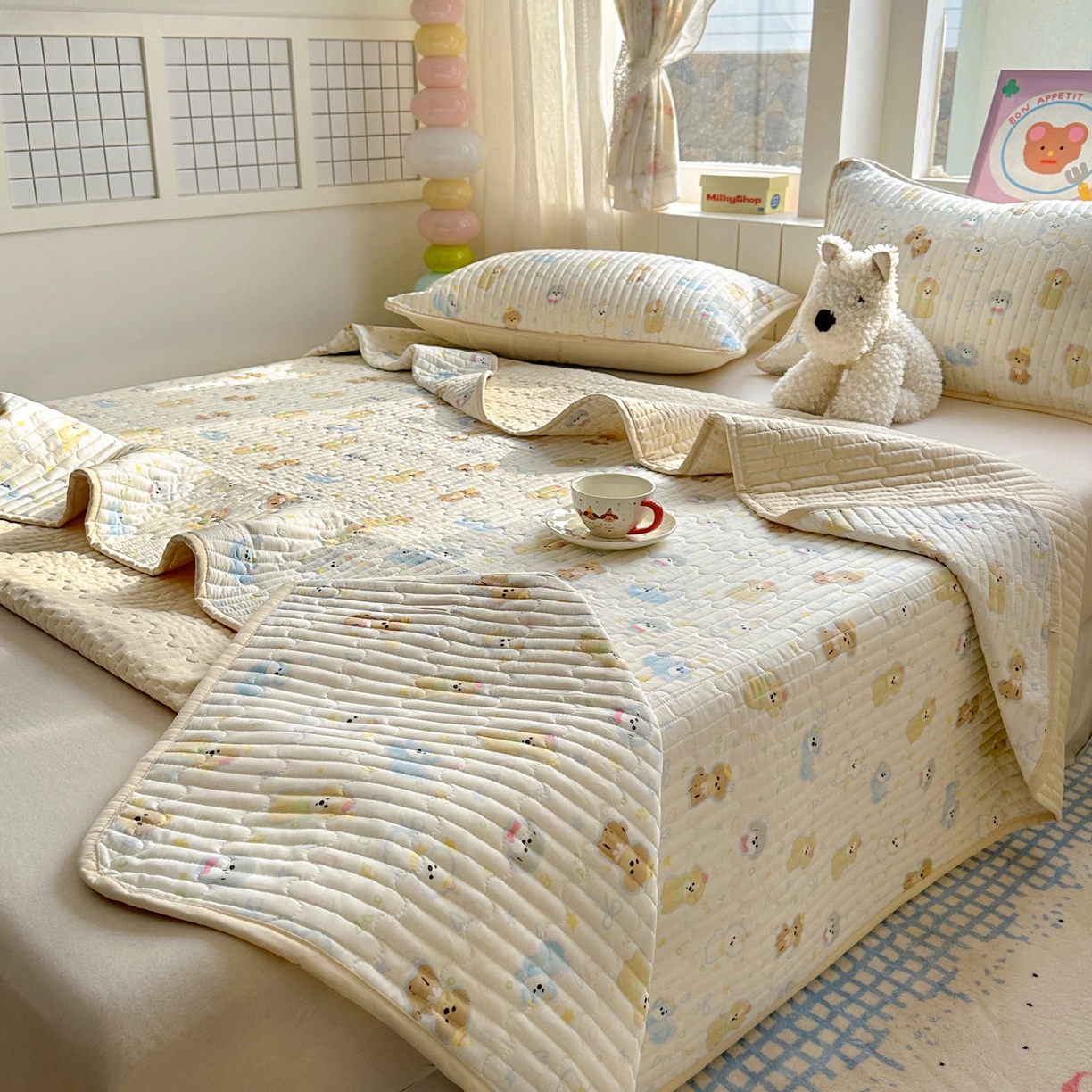 91家纺网 家纺一手货源 找家纺 暖萌 2025新款A类全棉棉花床盖印花系列三件套 童趣绘彩