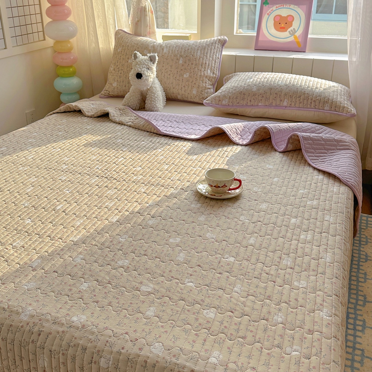 91家纺网 家纺一手货源 找家纺 暖萌 2025新款A类全棉棉花床盖印花系列三件套 采薇兔