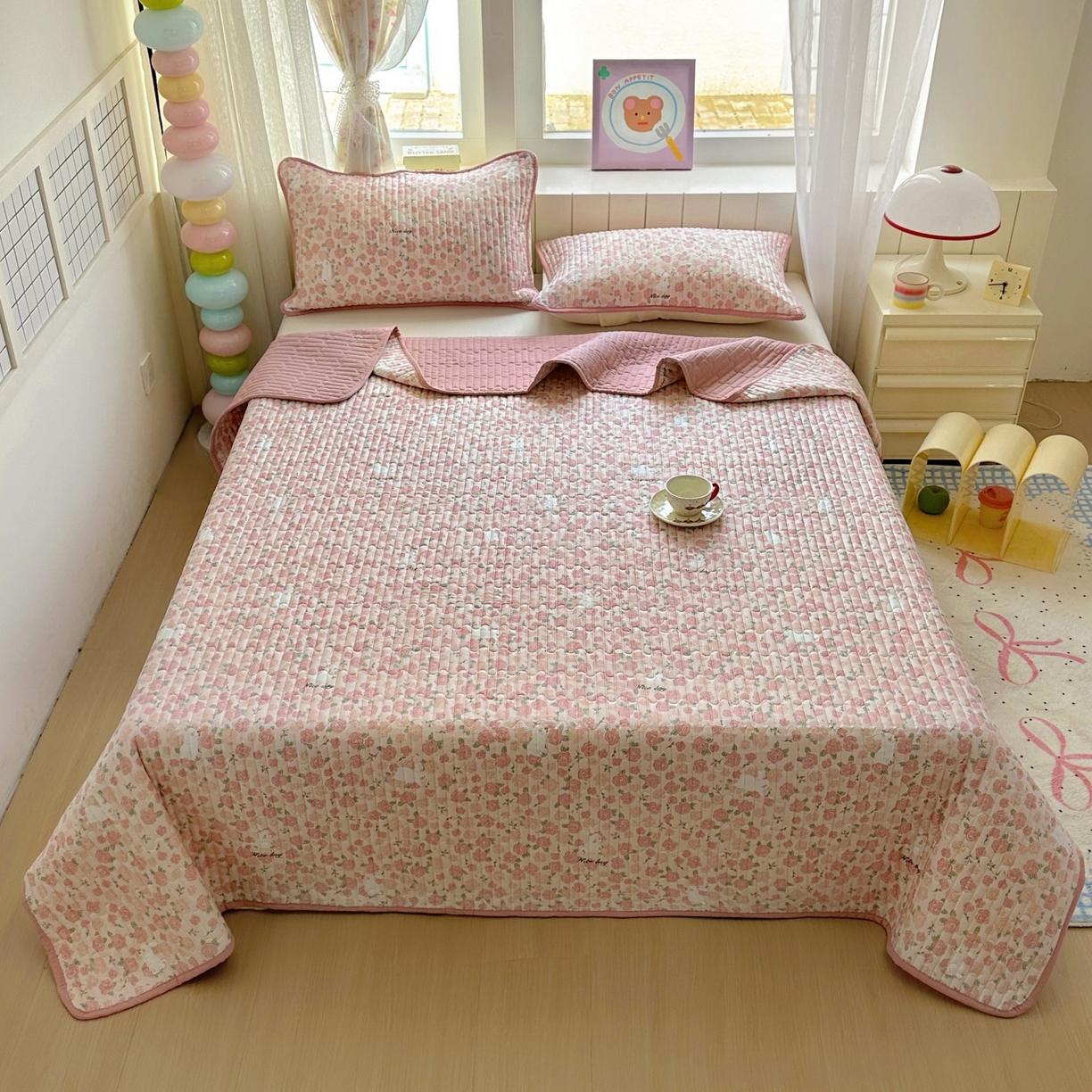 91家纺网 家纺一手货源 找家纺 暖萌 2025新款A类全棉棉花床盖印花系列三件套 遇见浪漫