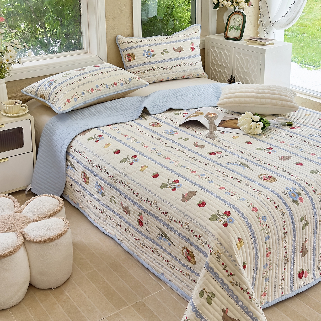 91家纺网 家纺一手货源 找家纺 暖萌 2025新款A类全棉棉花床盖印花系列三件套 浆果小兔