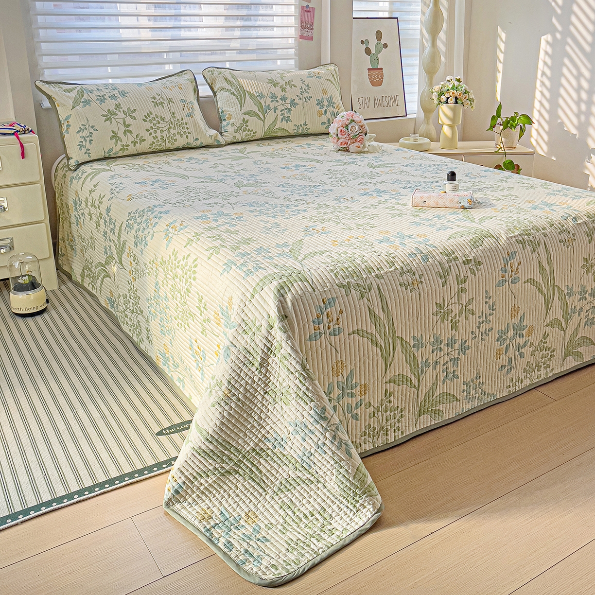 91家纺网 家纺一手货源 找家纺 暖萌 2025新款A类全棉棉花床盖印花系列三件套 仙草