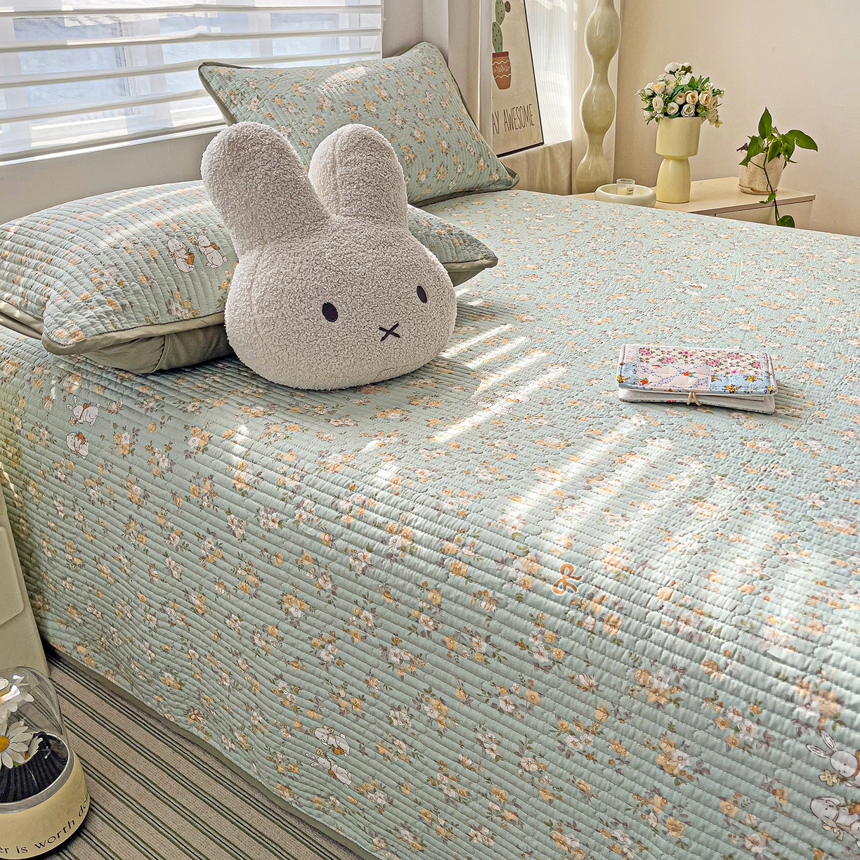 91家纺网 家纺一手货源 找家纺 暖萌 2025新款A类全棉棉花床盖印花系列三件套 花蜜-绿