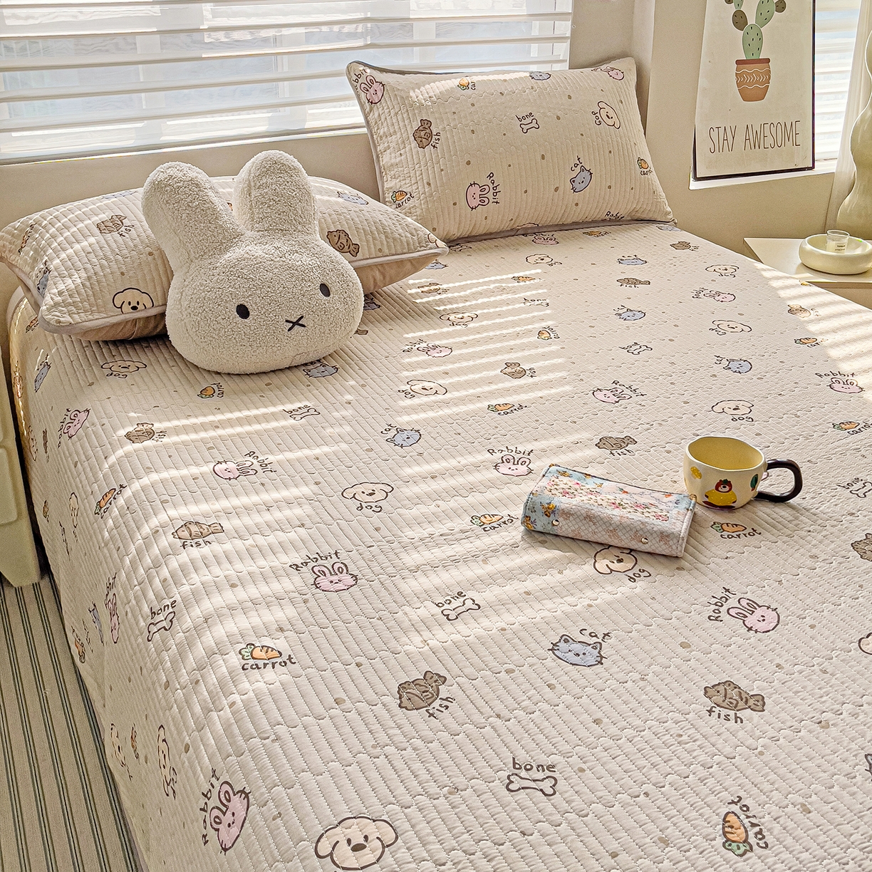 91家纺网 家纺一手货源 找家纺 暖萌 2025新款A类全棉棉花床盖印花系列三件套 宠物时间-米