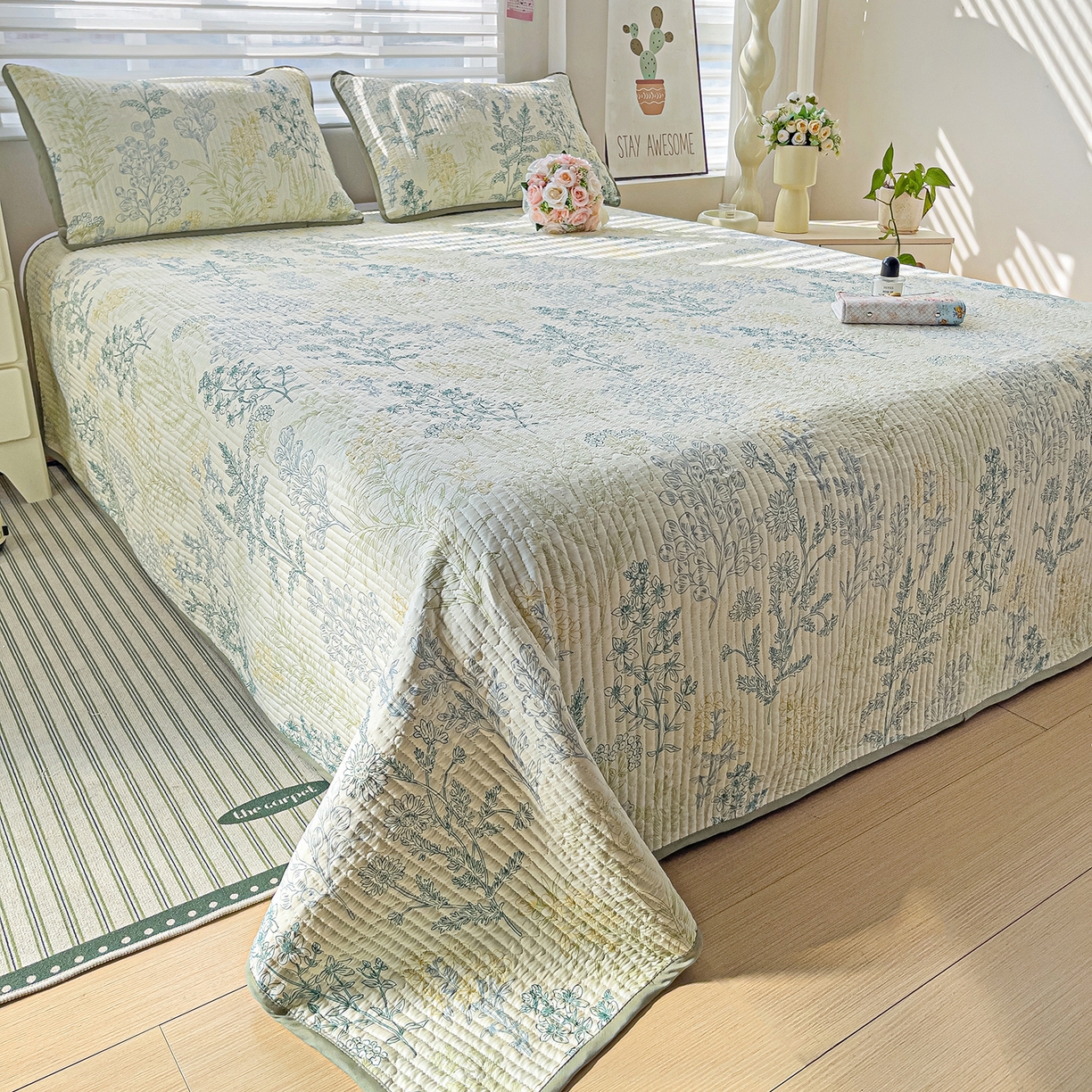 91家纺网 家纺一手货源 找家纺 暖萌 2025新款A类全棉棉花床盖印花系列三件套 幽兰花谷