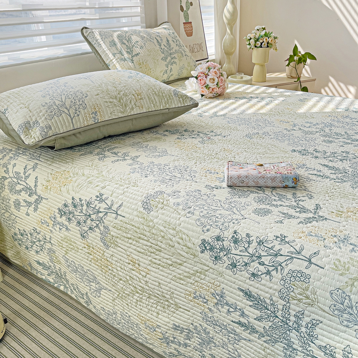 91家纺网 家纺一手货源 找家纺 暖萌 2025新款A类全棉棉花床盖印花系列三件套 幽兰花谷