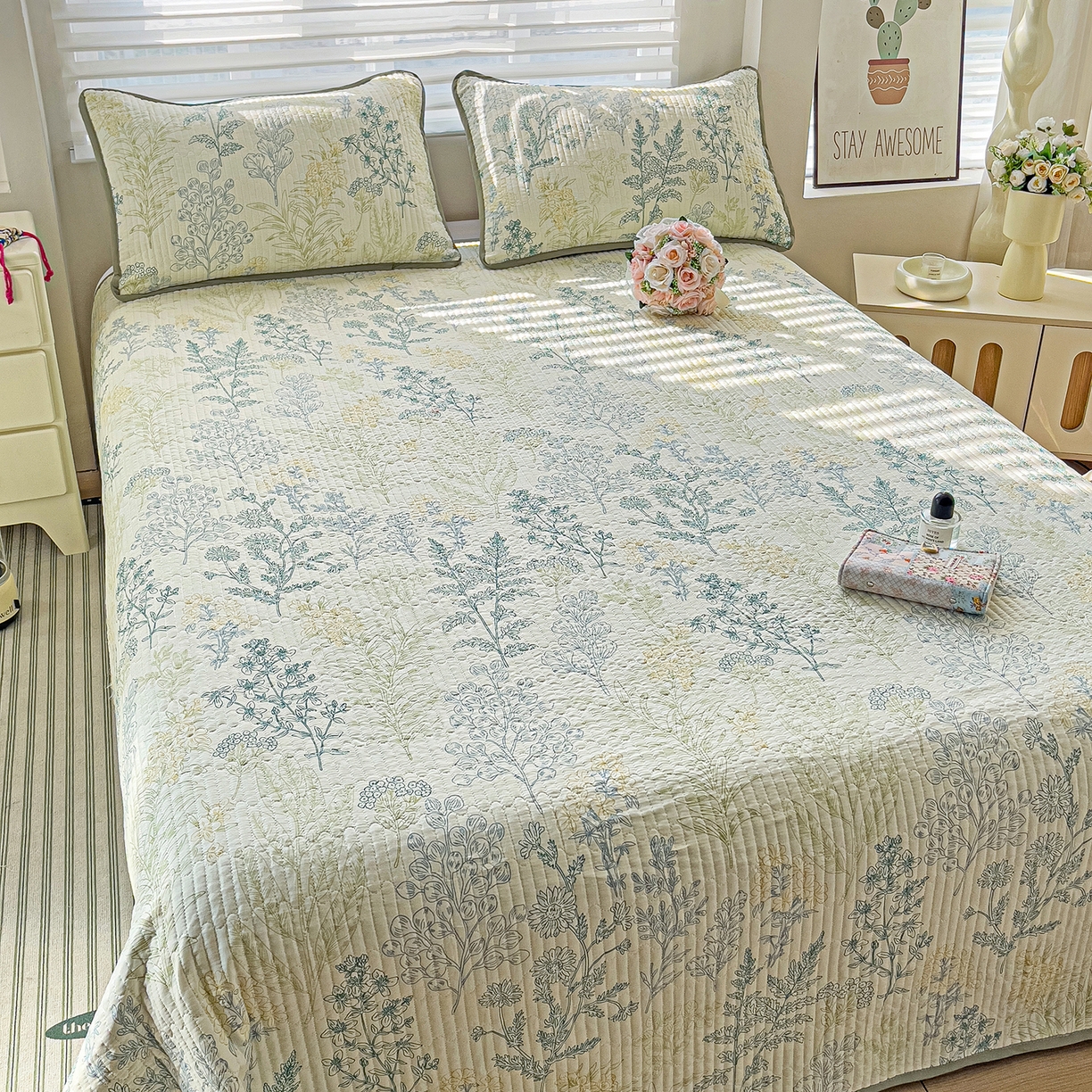 91家纺网 家纺一手货源 找家纺 暖萌 2025新款A类全棉棉花床盖印花系列三件套 幽兰花谷