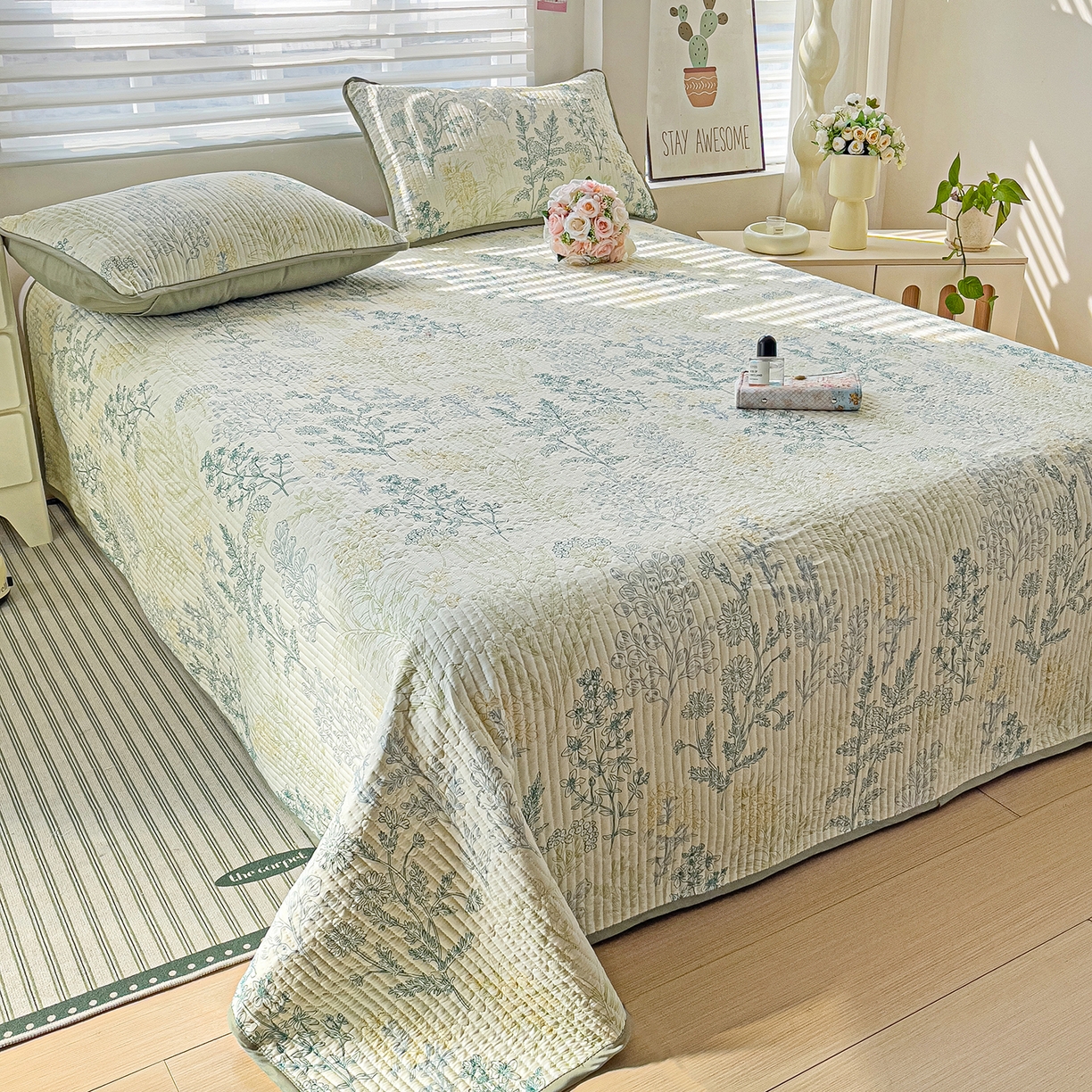 91家纺网 家纺一手货源 找家纺 暖萌 2025新款A类全棉棉花床盖印花系列三件套 幽兰花谷