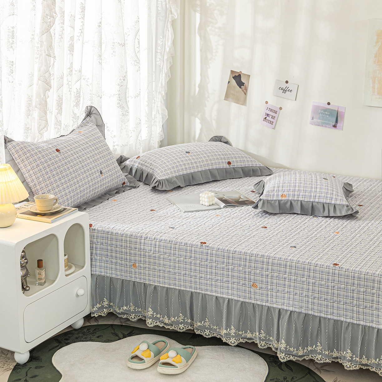 91家纺网 家纺一手货源 找家纺 美优兰 2025新款全棉防滑榻榻米炕垫纯棉床盖三件套 蘑菇格