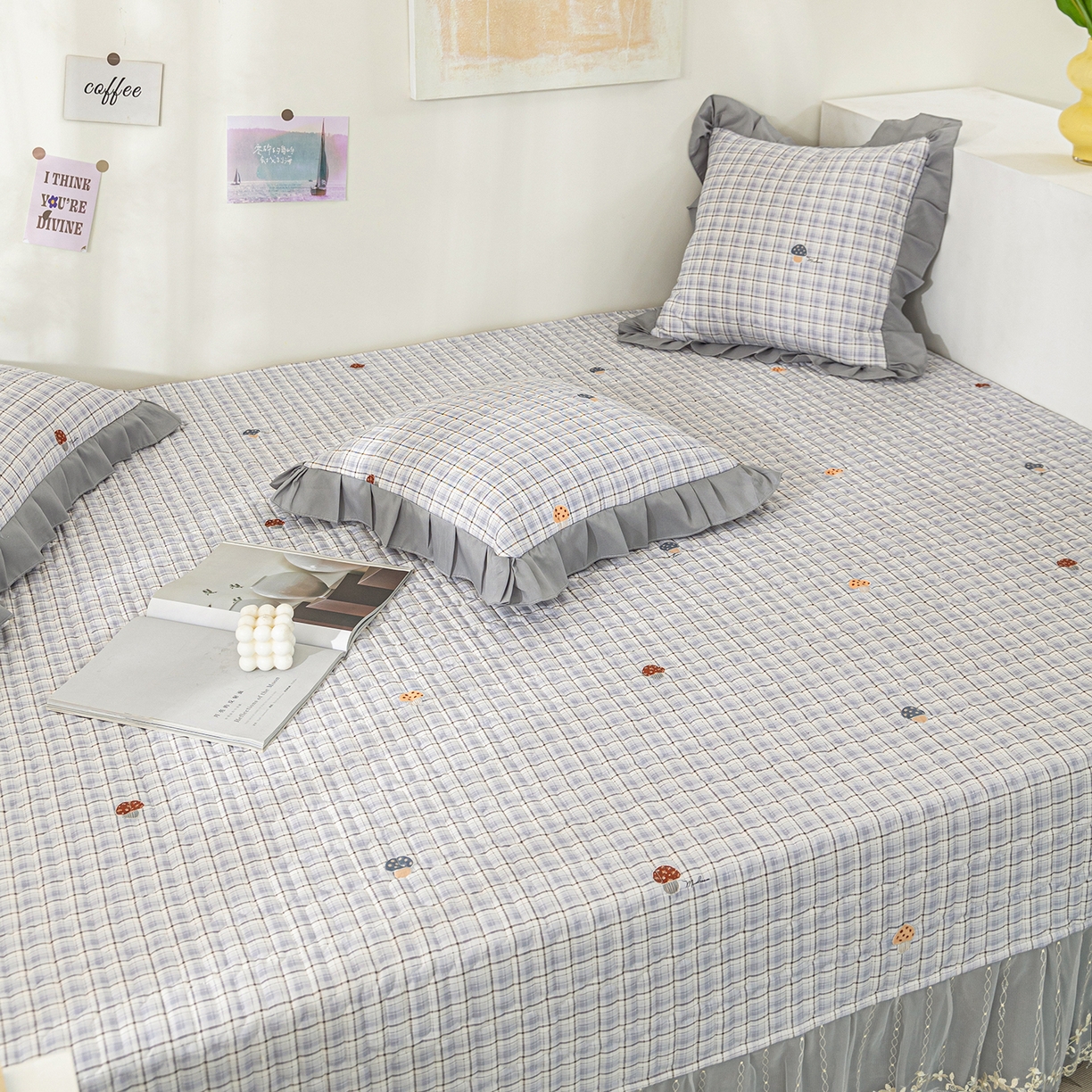 91家纺网 家纺一手货源 找家纺 美优兰 2025新款全棉防滑榻榻米炕垫纯棉床盖三件套 蘑菇格