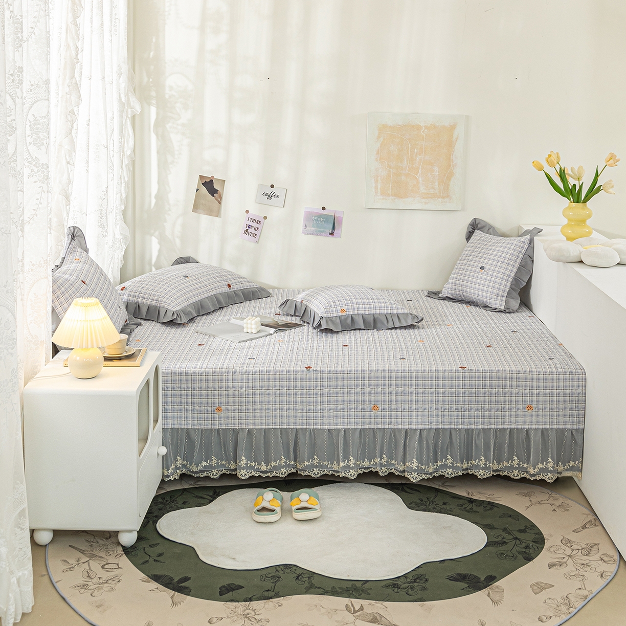 91家纺网 家纺一手货源 找家纺 美优兰 2025新款全棉防滑榻榻米炕垫纯棉床盖三件套 蘑菇格