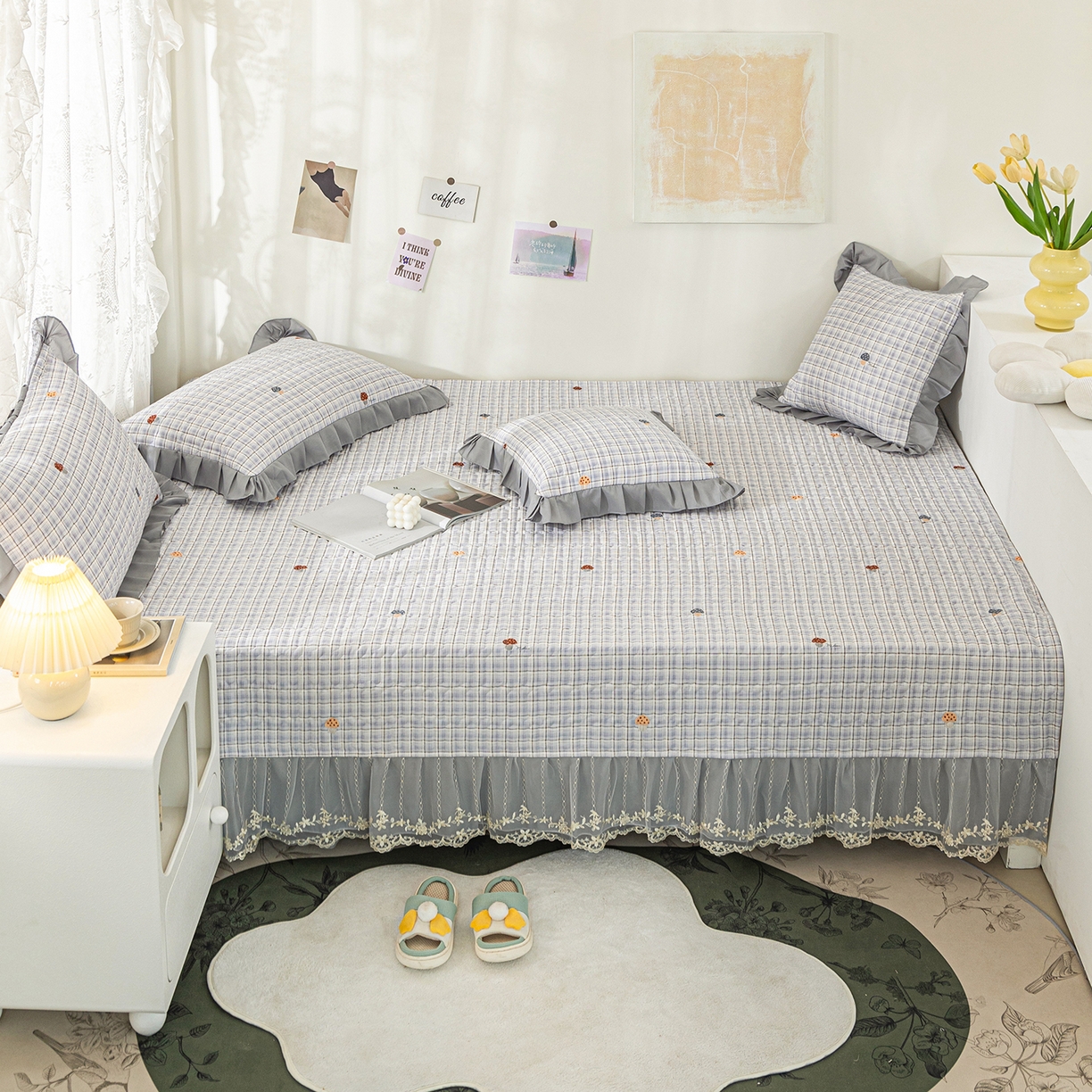 91家纺网 家纺一手货源 找家纺 美优兰 2025新款全棉防滑榻榻米炕垫纯棉床盖三件套 蘑菇格